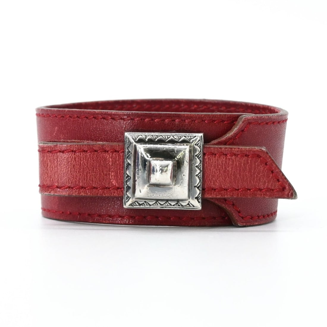 HERMES Touareg Artemis Bracelet Bangle Leather Red Silver (1 of 13)