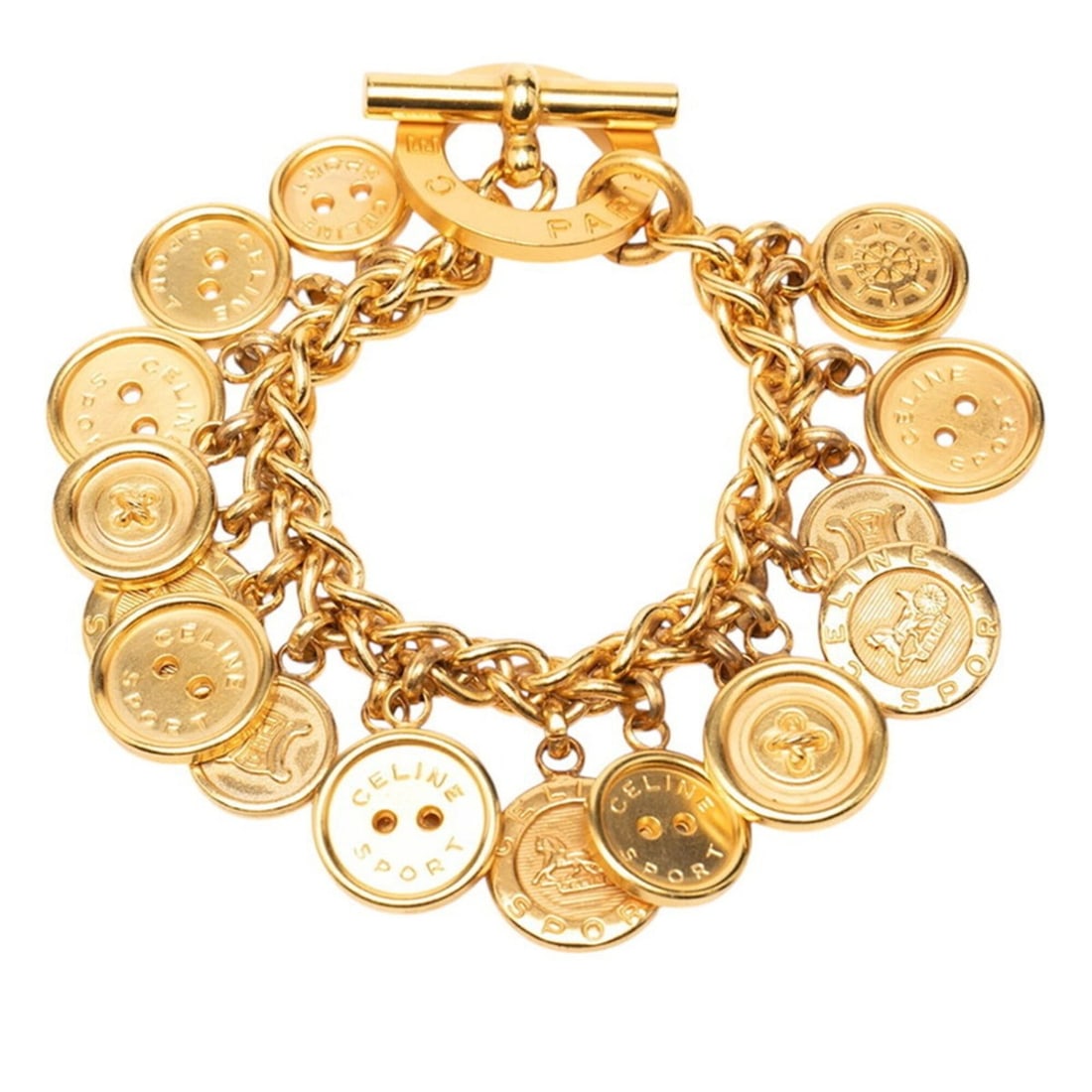 Celine Triomphe Button Motif Bracelet, Gold Plated, Women's: --- Catalog ---Category: SizeLength: 18.5cm / 7.28''Category: DesignType: Charm braceletColor: GoldGender: WomenCategory: GeneralBrand: Celine--- Item List ---Section: ConditionRanking: Rank AB Used -
