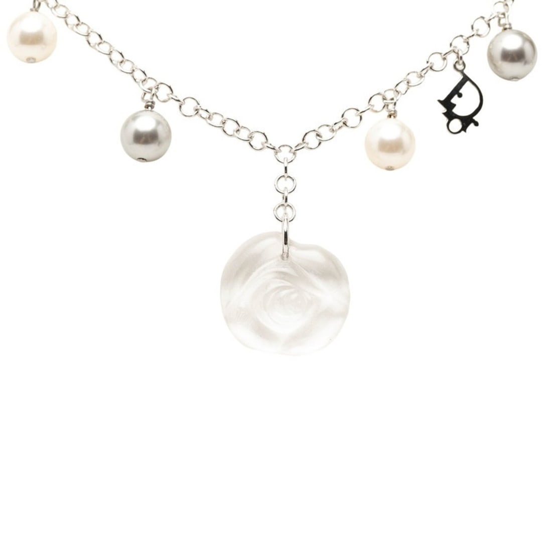 Christian Dior Dior Rose Flower Motif Necklace, Silver Metal, Plastic, Faux Pearl, Women's.: --- Catalog ---Category: SizePendant Size: 18.6mm x 19.9mm / 0.73'' x 0.78''Neck Circumference: 45 cm / 17.71''Category: DesignColor: SilverGender: WomenMaterial: Metal, PlasticNecklace Type: Necklace