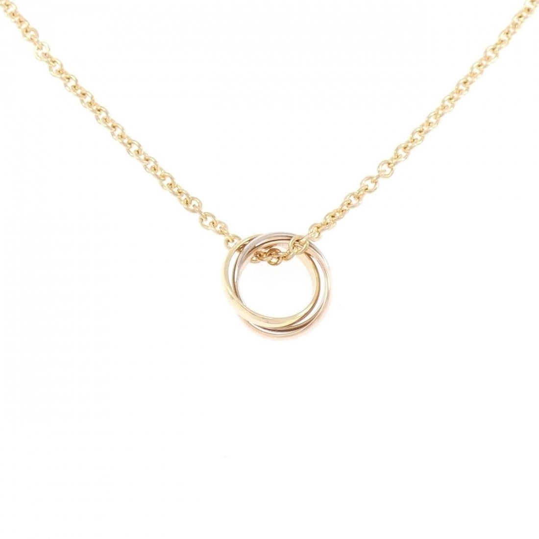 Cartier Trinity Necklace: --- Catalog ---Category: SizePendant Size: 12.7mm x 12.7mm / 0.49'' x 0.49''Neck Circumference: 42 cm / 16.53''Category: DesignColor: Pink gold, White gold, Yellow goldGender: WomenMaterial: Pink gold