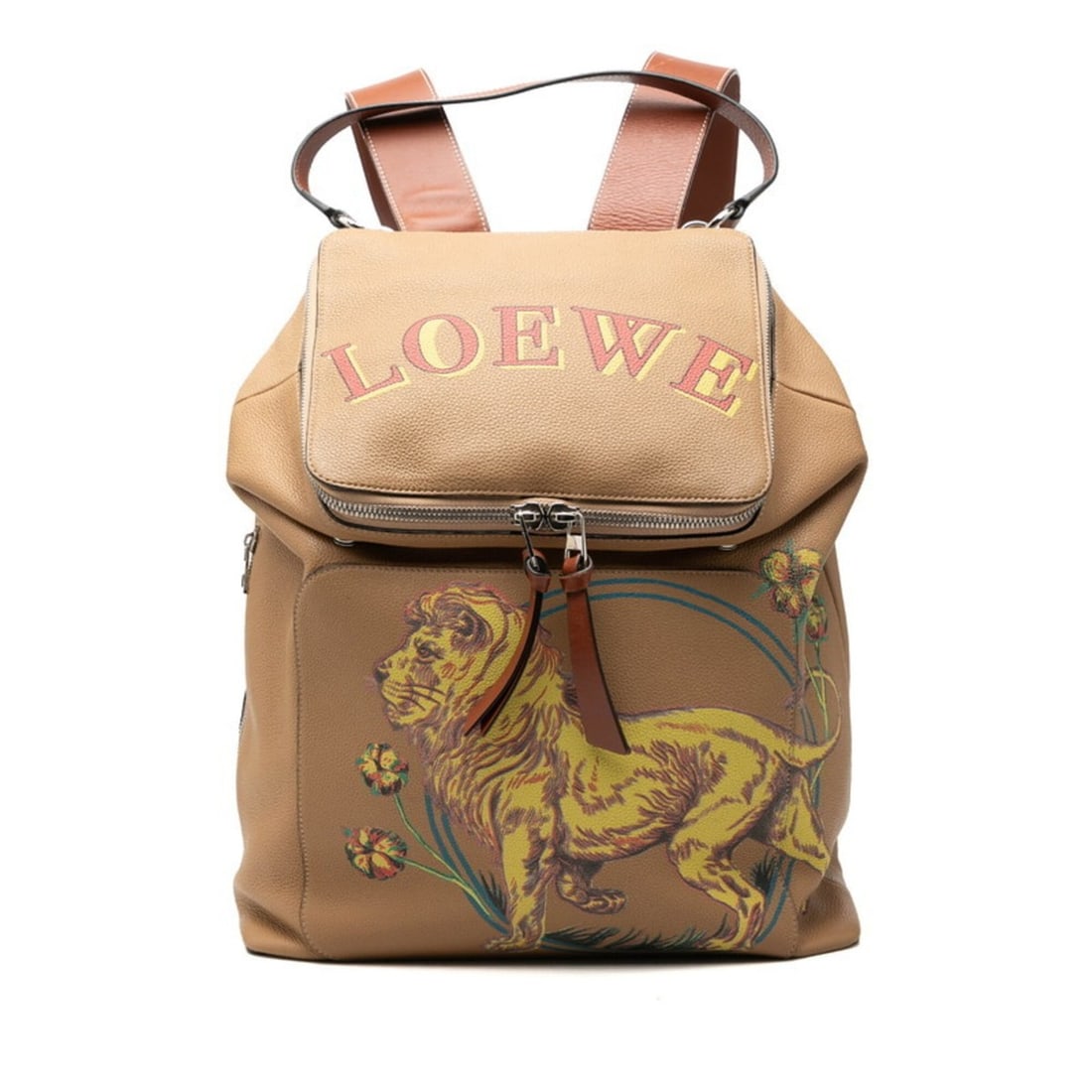 Loewe Goya Lion Logo Backpack, Brown Multicolor Leather, Women's LOEWE: --- Catalog ---Category: SizeHandle Drop: 19.50cm / 7.68''Size (HxWxD): 39.5cm x 33.5cm x 15cm / 15.55'' x 13.18'' x 5.9''Strap Length: 77cm / 30.31''Category: DesignType: BackpackColor: Brown,