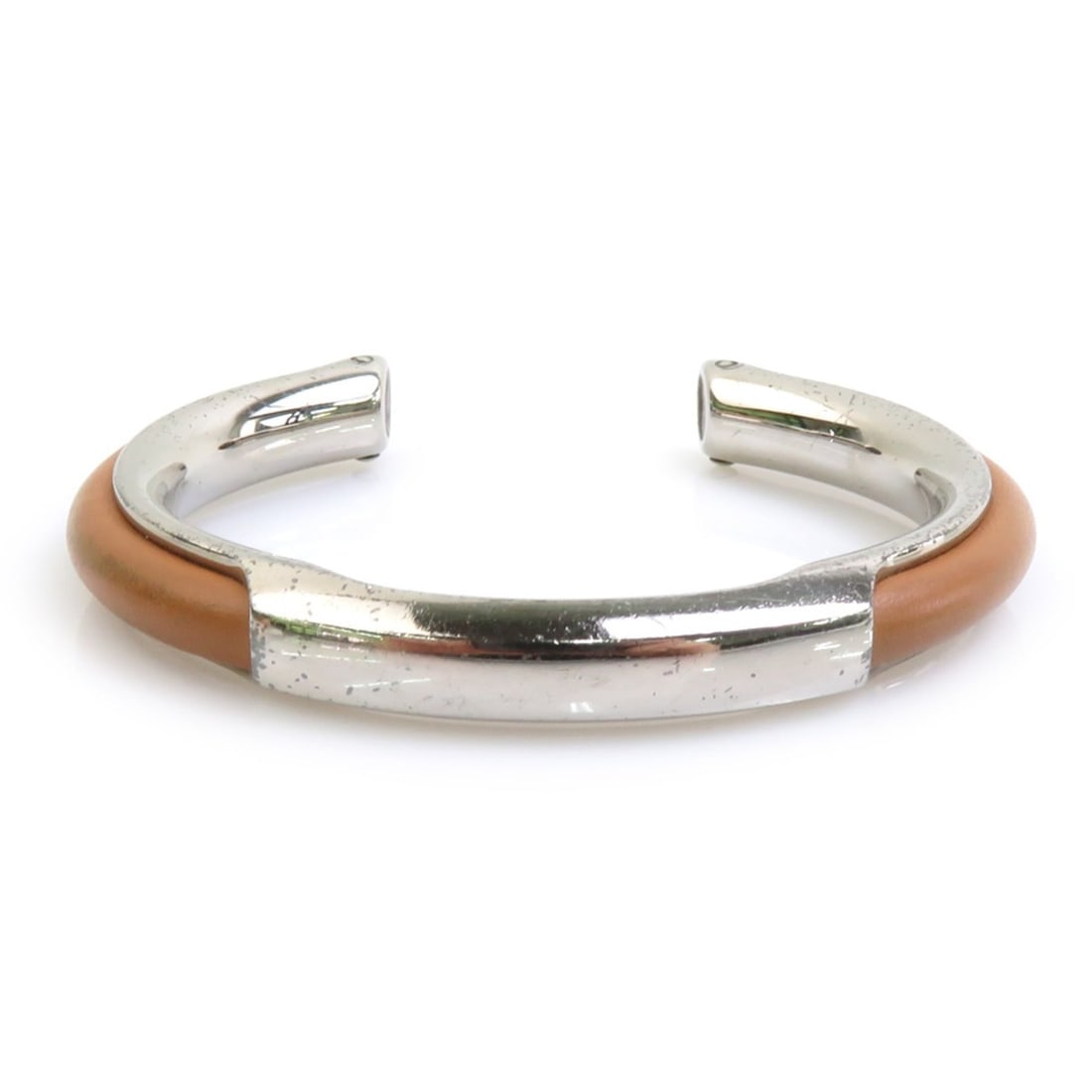 Hermes HERMES Bangle Bracelet Metal Leather Silver Brown Women's e61954a (1 of 8)