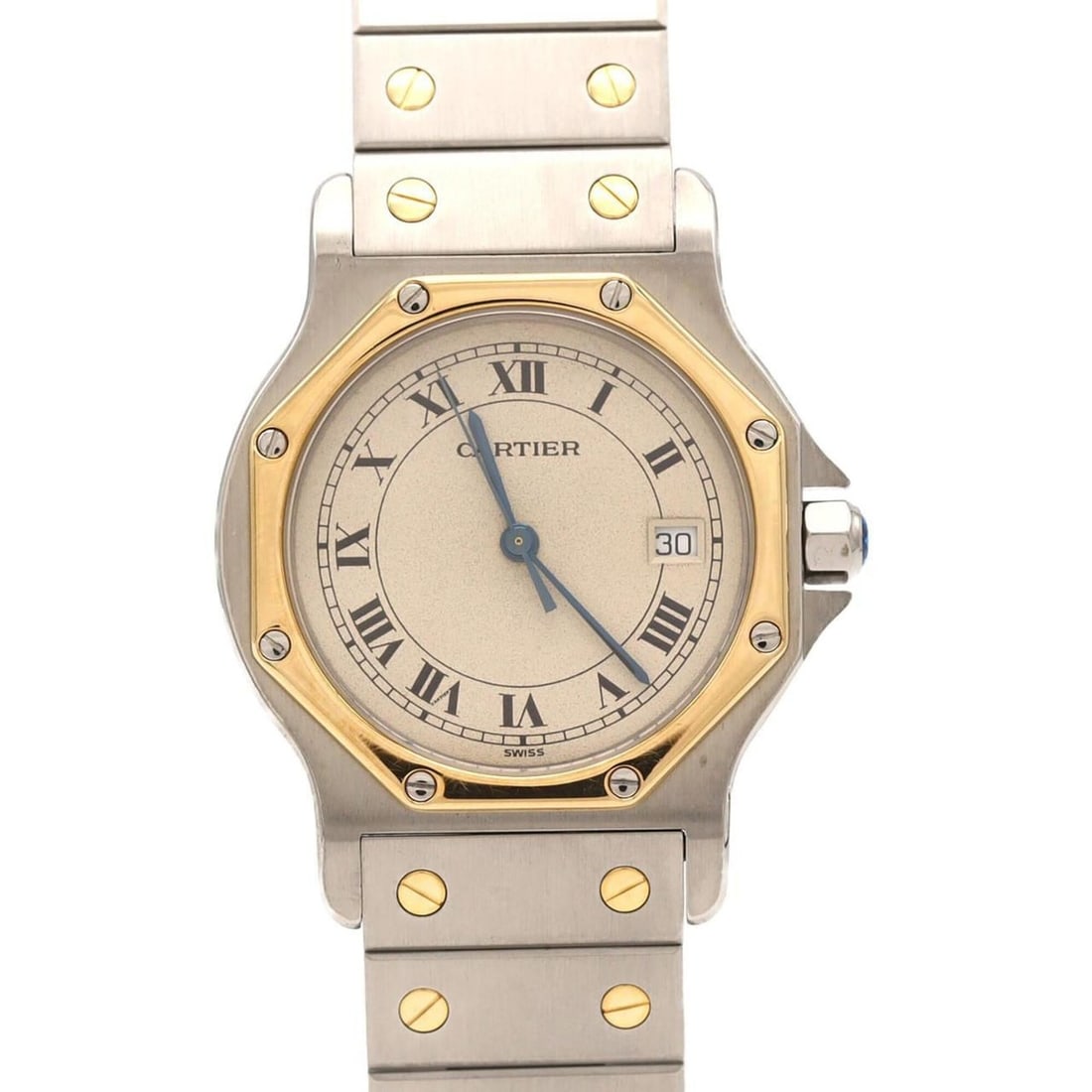 Cartier Santos Octagon LM Two-Tone W2001583 SSxYG Quartz Watch: --- Catalog ---Category: SizeWrist Size: 18cm / 7.08''Case Diameter: 30mm / 1.18''Category: DesignType: WristwatchGender: MenColor (Dial): SilverMaterial (Band): Stainless steel, Yellow goldMaterial (