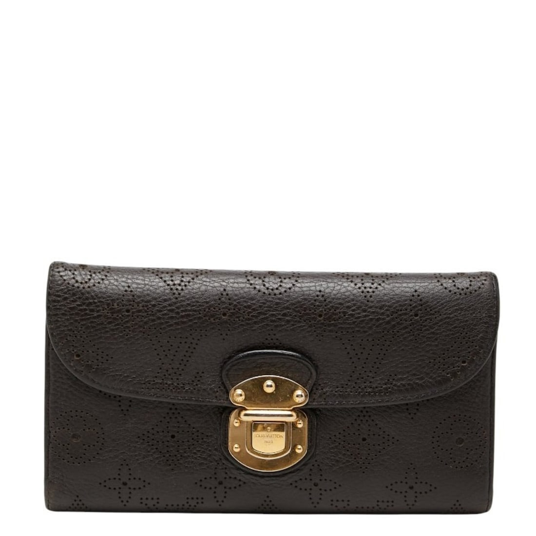 Louis Vuitton Monogram Mahina Portefeuille Amelia Tri-fold Long Wallet, Dark Brown Leather, Women's: --- Catalog ---Category: SizeSize (HxWxD): 10.5cm x 19cm x 2cm / 4.13'' x 7.48'' x 0.78''Category: DesignType: Long wallet (tri-fold)Color: Dark brownGender: WomenMaterial: Leather Category: