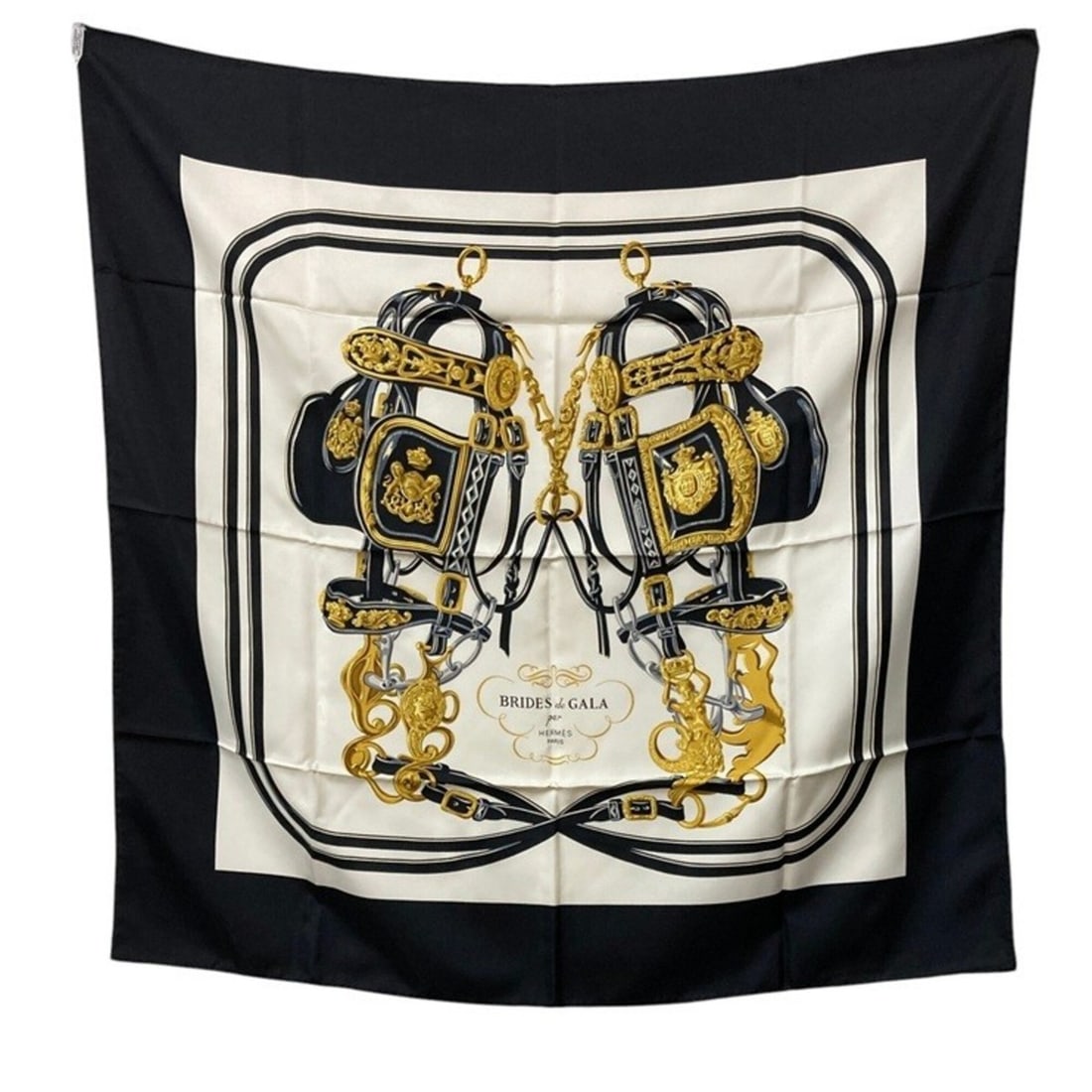 HERMES Carre 90 BRIDES de GALA (Ceremonial Bridle) Scarf/Muffler D4: --- Catalog ---Category: SizeSize (LxW): 90cm x 90cm / 35.43'' x 35.43''Category: DesignType: ScarfColor: Black, White, YellowGender: Women,MenMaterial: Silk 100%Category: GeneralBrand: HermesCountry 