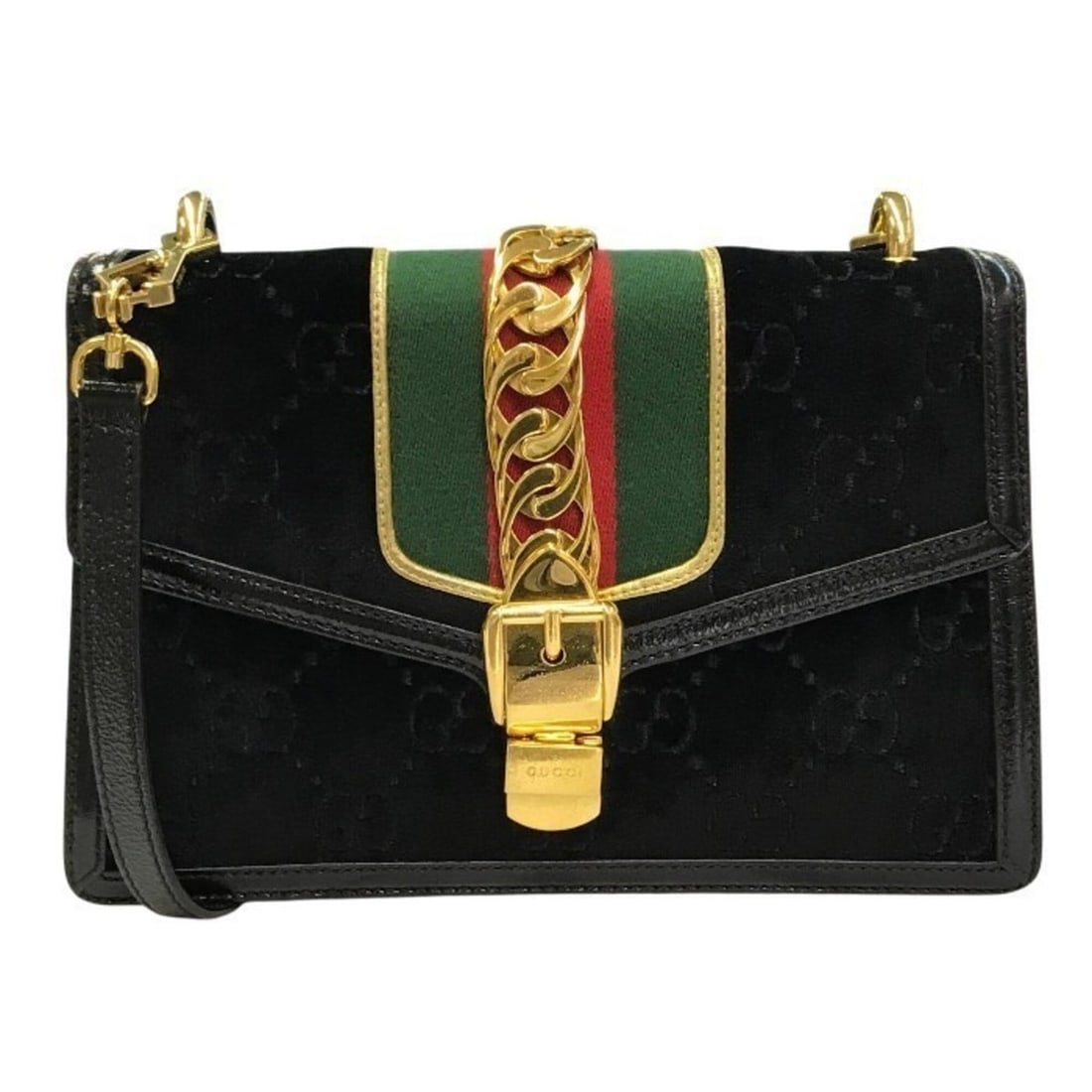 GUCCI Sylvie Shoulder Bag for Women, Velour, GG Pattern, Gold Chain, Black, 524405 493075 T1: --- Catalog ---Category: SizeSize (HxWxD): 17cm x 25cm x 7cm / 6.69'' x 9.84'' x 2.75''Category: DesignType: Shoulder bagColor: BlackGender: WomenMaterial: Leather Leather/Fur Type: VelourCategory: Ge