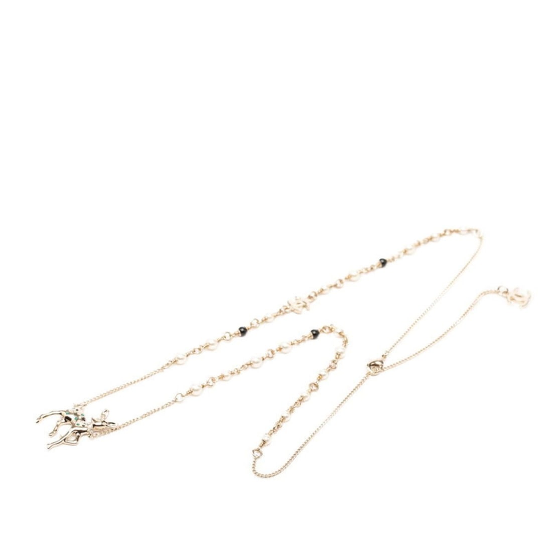 Chanel Coco Mark Bambi Motif Necklace, Gold, Black, Green Plated, Faux Pearl Rhinestone, Women's: --- Catalog ---Category: SizePendant Size: 29.4mm x 19.9mm / 1.15'' x 0.78''Neck Circumference: 68.5 cm / 26.96''Category: DesignColor: Black, GreenGender: WomenMaterial: RhinestoneNecklace Type: Neck