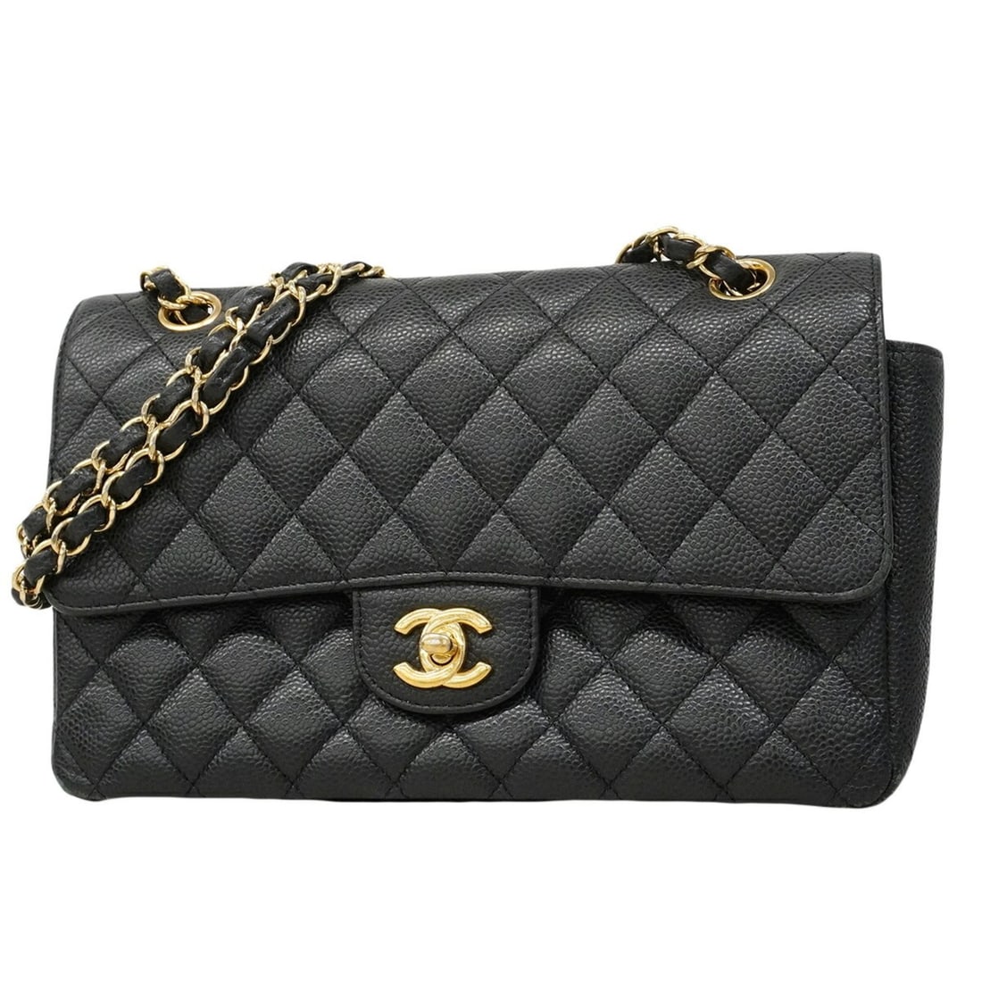 Chanel Matelassé Shoulder Bag, Double Flap, Chain, Caviar Leather, Black, Women's, P3005549: --- Catalog ---Category: SizeSize (HxWxD): 16cm x 25cm x 7cm / 6.29'' x 9.84'' x 2.75''Category: DesignType: Shoulder bagColor: BlackGender: WomenMaterial: Grained Calfskin Hardware Color: GoldCategor
