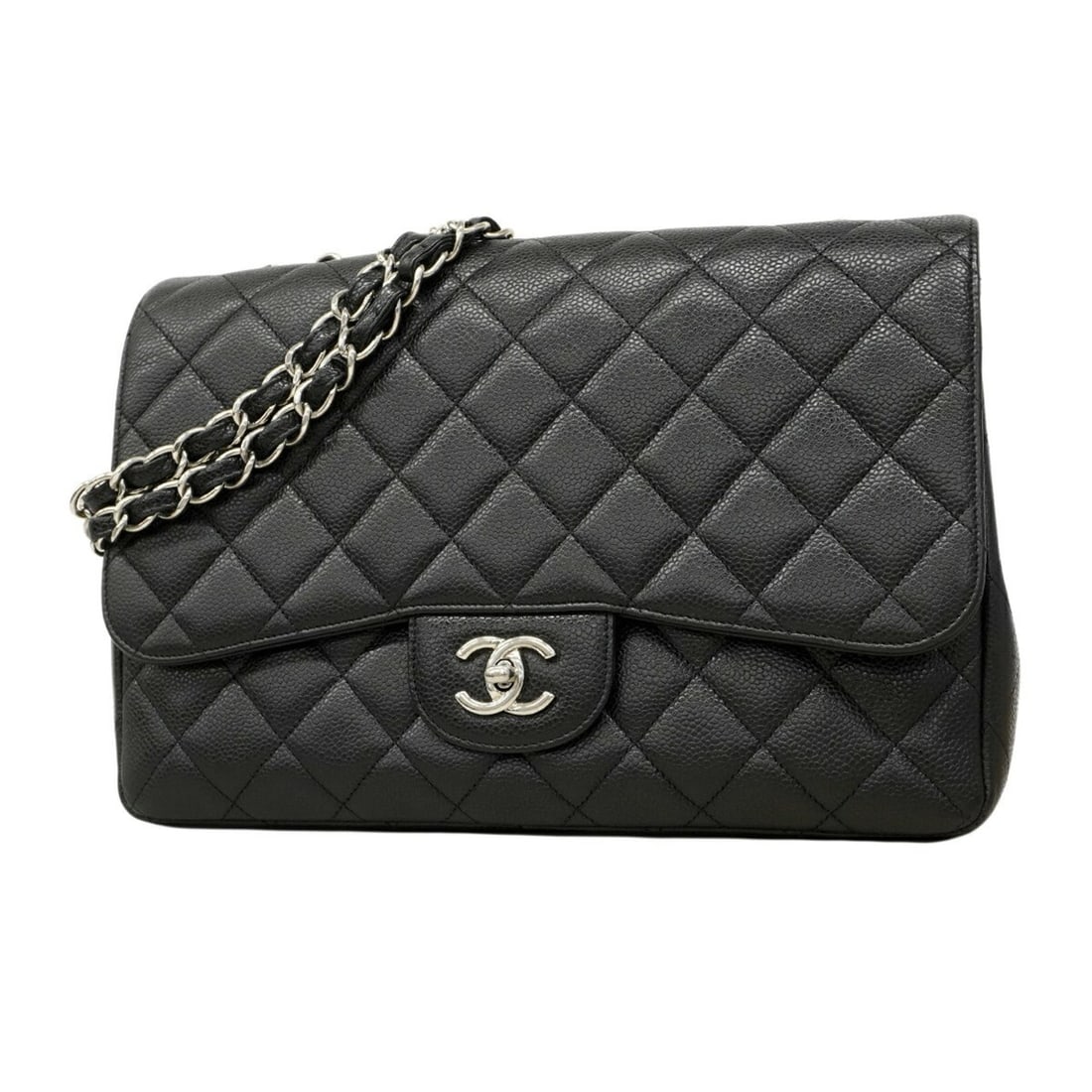 Chanel Shoulder Bag, Large Matelassé, Double Chain, Caviar Leather, Black, Women's, OP006651: --- Catalog ---Category: SizeSize (HxWxD): 20.5cm x 29.5cm x 9cm / 8.07'' x 11.61'' x 3.54''Category: DesignType: Shoulder bagColor: BlackGender: WomenMaterial: Grained Calfskin Hardware Color: Silver