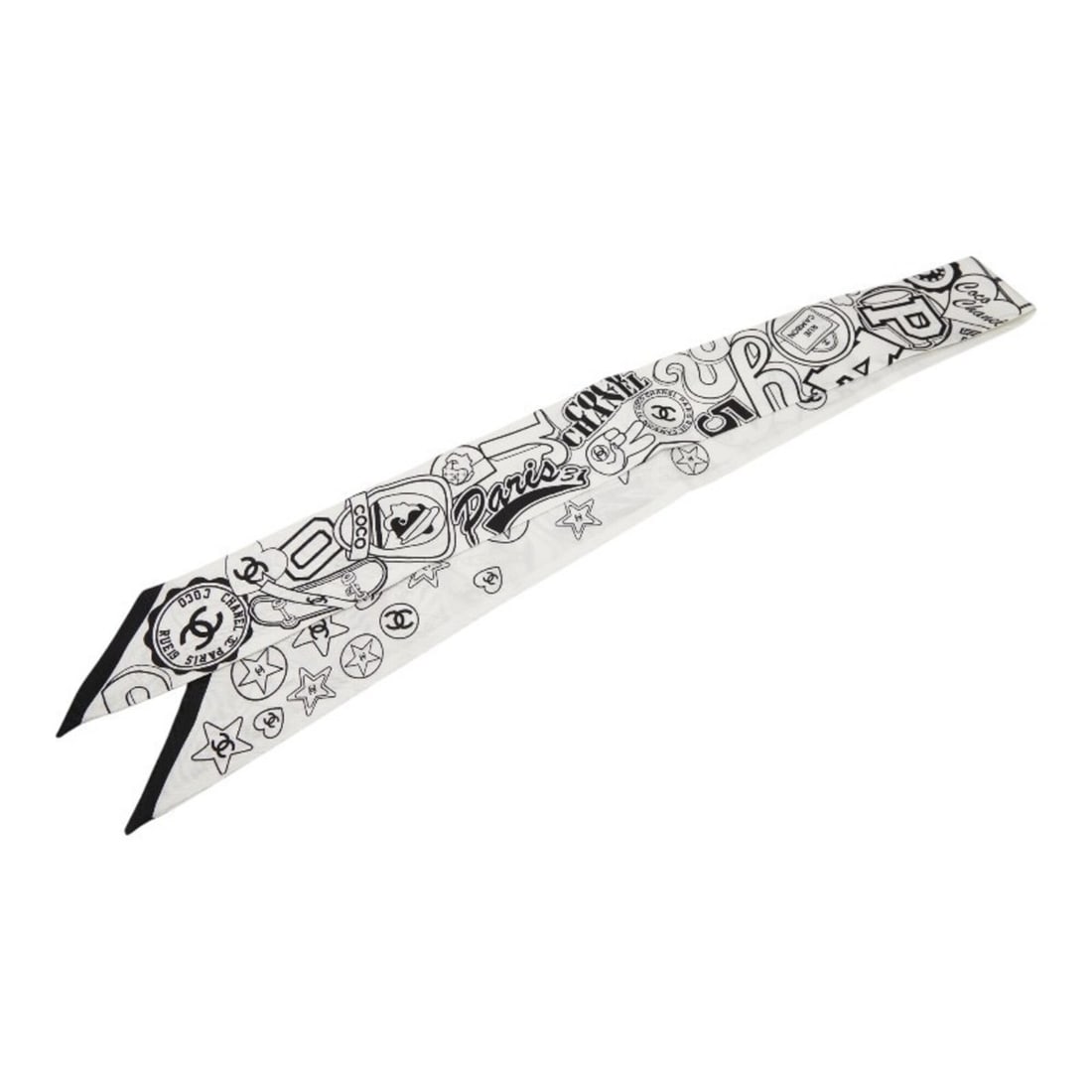 Chanel Coco Mark Rue Cambon Twilly Hairband Monochrome White Black Silk Women's CHANEL: --- Catalog ---Category: SizeSize (LxW): 1.21m x 5cm / 47.63'' x 1.96''Category: DesignType: ScarfColor: Black, WhiteGender: WomenMaterial: Silk Category: GeneralBrand: Chanel--- Item List