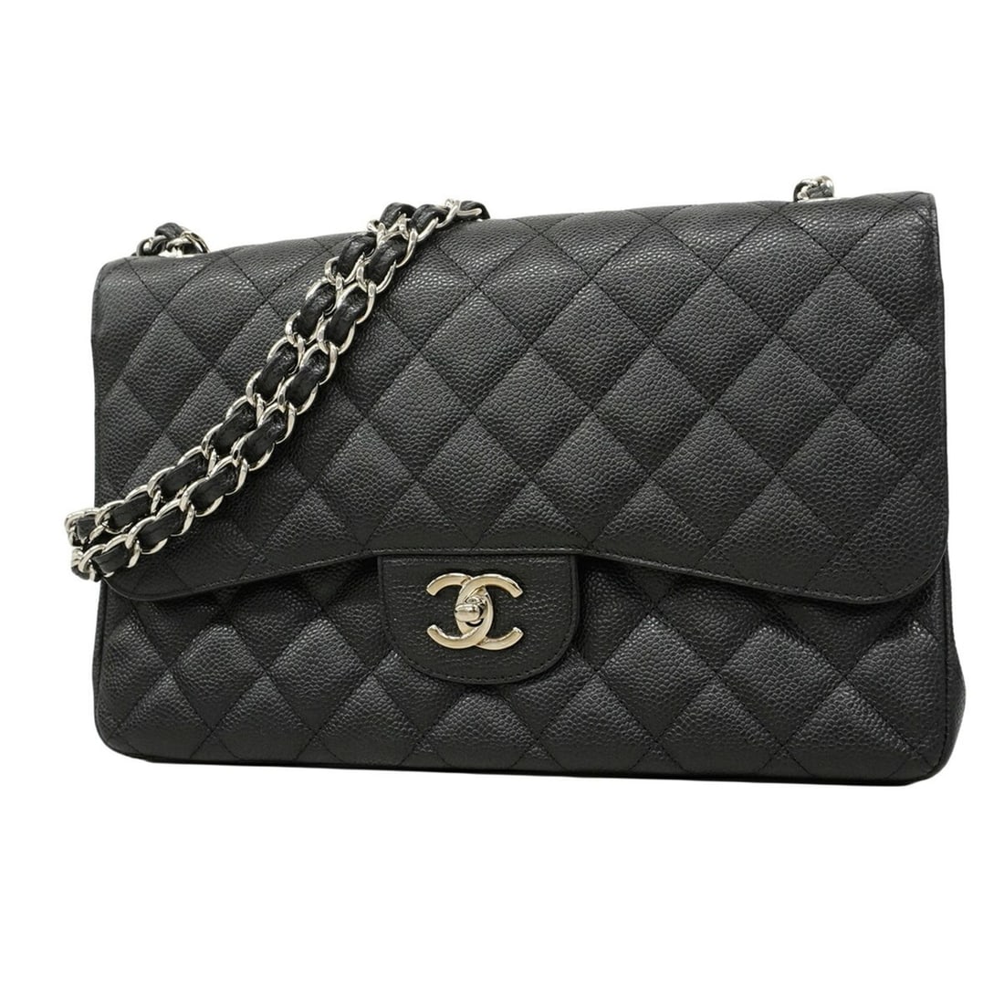 Chanel Shoulder Bag, Large Matelassé, Double Flap, Chain, Caviar Leather, Black, Women's, OP004622: --- Catalog ---Category: SizeSize (HxWxD): 20cm x 30cm x 9cm / 7.87'' x 11.81'' x 3.54''Category: DesignType: Shoulder bagColor: BlackGender: WomenMaterial: Grained Calfskin Hardware Color: SilverCate