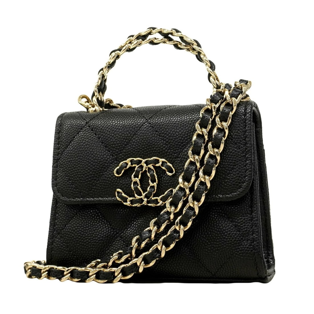 Chanel Mini Matelassé Chain Shoulder Bag with Coco Handle, Caviar Leather, Black/Champagne, 2-way: --- Catalog ---Category: SizeSize (HxWxD): 9cm x 11.5cm x 4.5cm / 3.54'' x 4.52'' x 1.77''Category: DesignType: HandbagColor: BlackGender: WomenMaterial: Grained Calfskin Hardware Color: Champagne gol