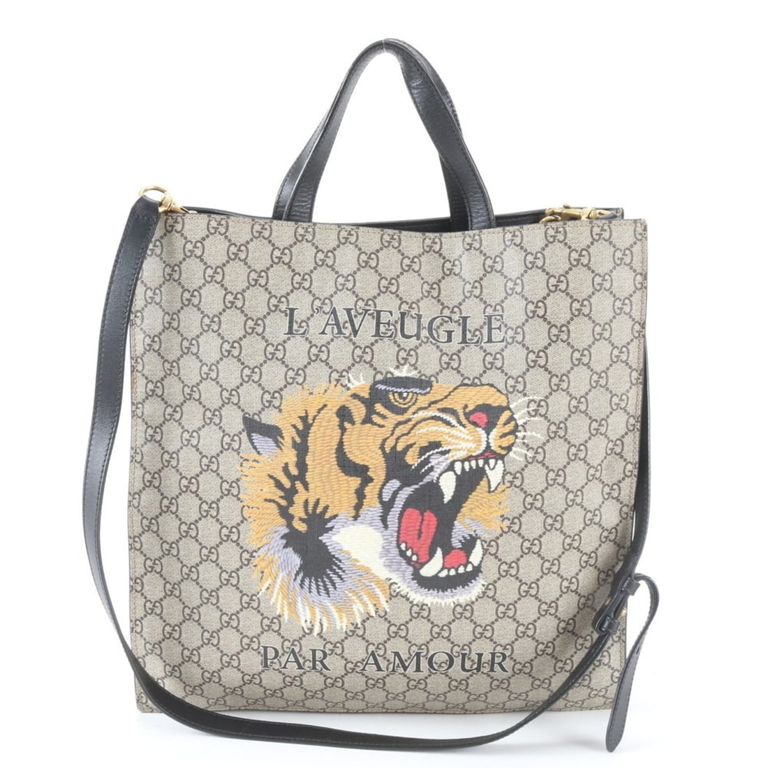 Gucci GG Supreme Tiger 450950 Leather 2-Way Shoulder Bag Messenger for Men: --- Catalog ---Category: SizeSize (HxWxD): 37cm x 35cm x 7cm / 14.56'' x 13.77'' x 2.75''Category: DesignType: Messenger bag, Shoulder bagColor: BeigeGender: MenMaterial: Leather , Coated canvas Categ