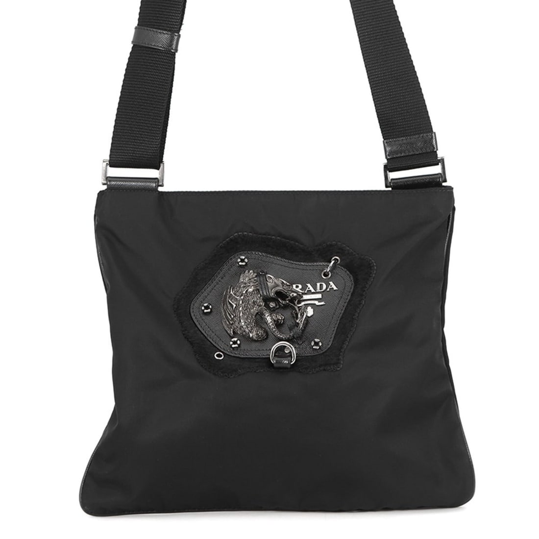 Prada Chimera Triangle Nylon Shoulder Bag with Metal accents, Black Handbag, PRADA: --- Catalog ---Category: SizeSize (HxWxD): 26cm x 30cm x 5.00mm / 10.23'' x 11.81'' x 0.19''Category: DesignType: Handbag, Shoulder bagColor: BlackGender: WomenMaterial: Nylon , Metal Category: Genera