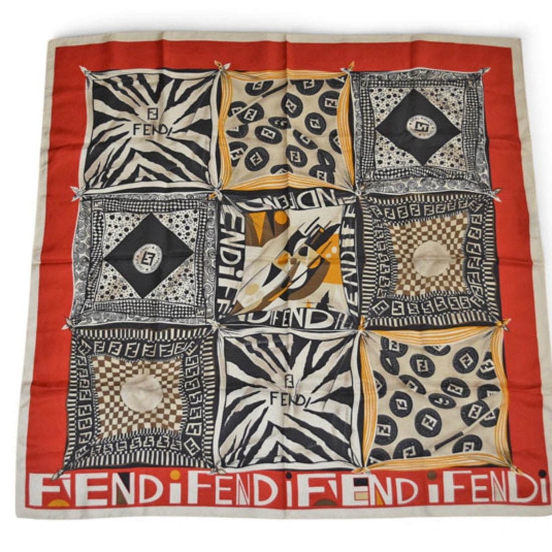 Fendi scarf/muffler, FENDI silk twill, FF handkerchief motif, red/beige. (1 of 10)