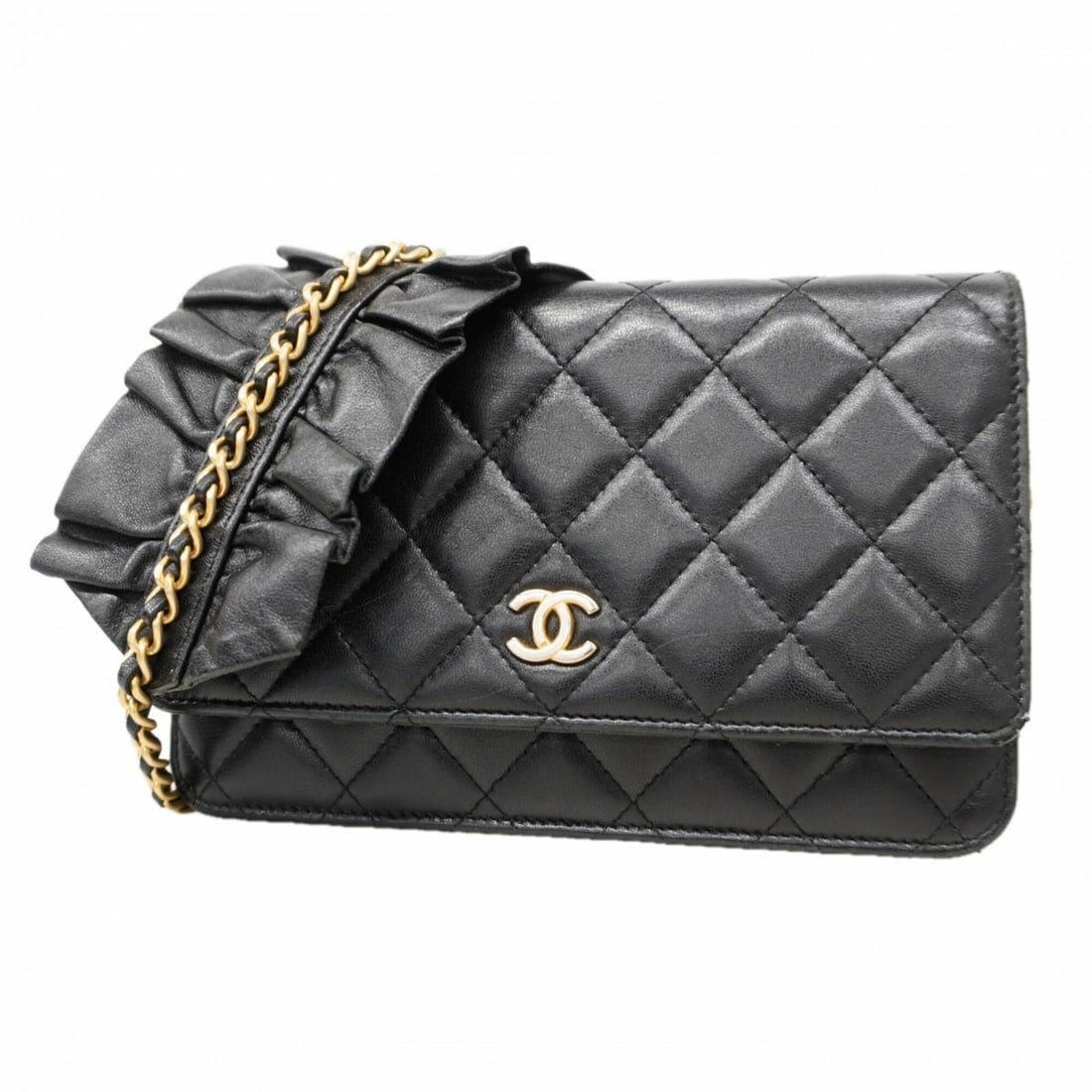 Chanel Matelassé Chain Shoulder Wallet, Lambskin, Black, Women's (1 of 11)