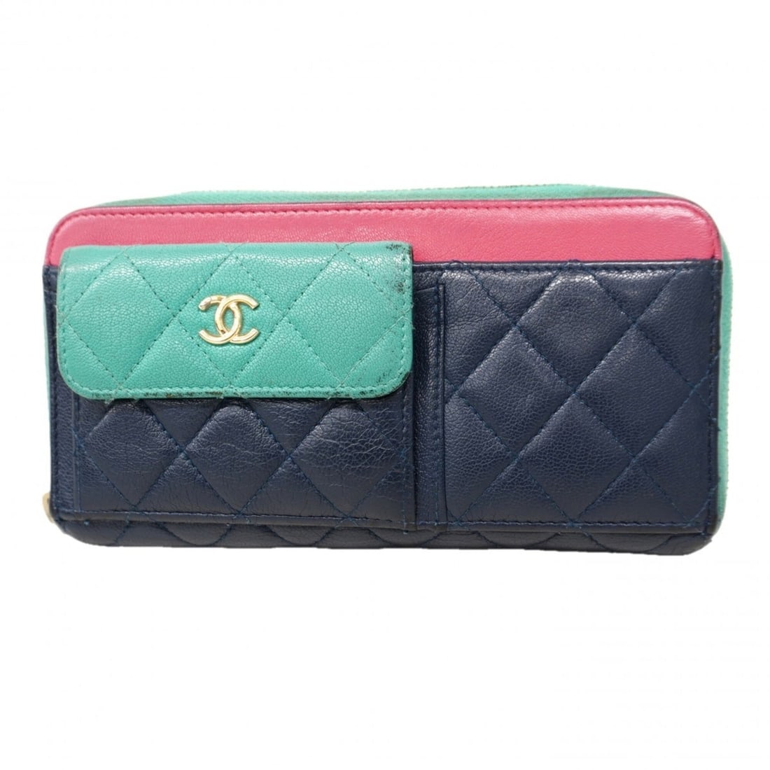 Chanel long wallet, Matelassé, caviar leather, navy, turquoise blue, pink, champagne, women's.: --- Catalog ---Category: SizeSize (HxWxD): 10.5cm x 19cm x 2.5cm / 4.13'' x 7.48'' x 0.98''Category: DesignType: Long wallet (bi-fold)Color: Navy, PinkGender: WomenMaterial: Grained Calfskin Category: