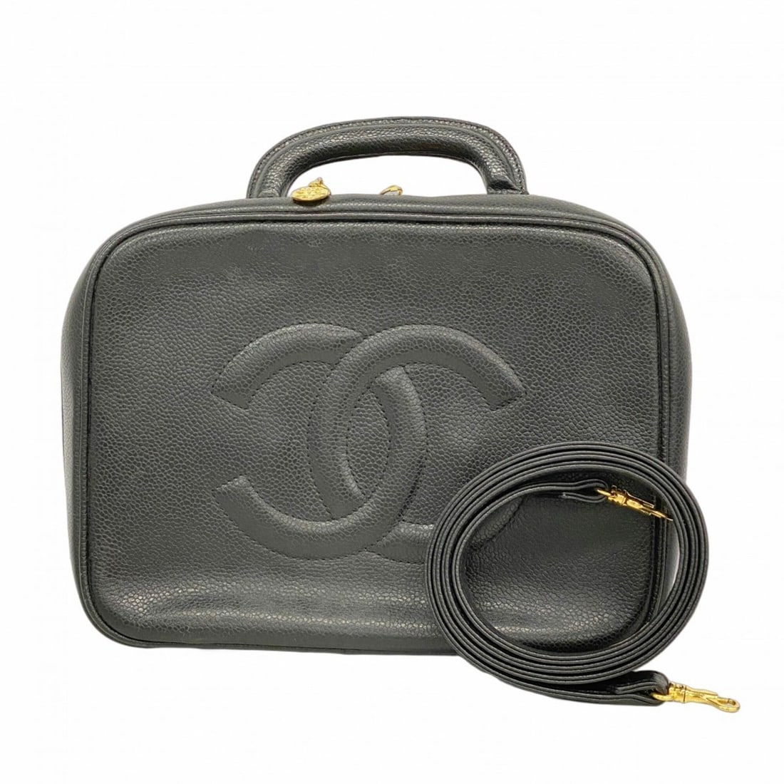 Chanel handbag/vanity bag, caviar leather, black, 2-way bag for women: --- Catalog ---Category: SizeSize (HxWxD): 18cm x 24cm x 10.5cm / 7.08'' x 9.44'' x 4.13''Category: DesignType: Vanity bagColor: BlackGender: WomenMaterial: Grained Calfskin Hardware Color: GoldCatego