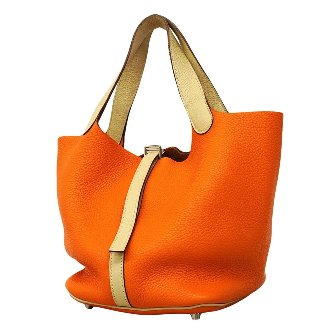 Hermes Picotin MM Casaque handbag, Taurillon Clemence leather, orange, Parchment, ?M stamp,: --- Catalog ---Category: SizeSize (HxWxD): 22cm x 18cm x 23cm / 8.66'' x 7.08'' x 9.05''Category: DesignType: HandbagColor: Orange, ParcheminGender: WomenMaterial: Taurillon clemence leather Hardware 