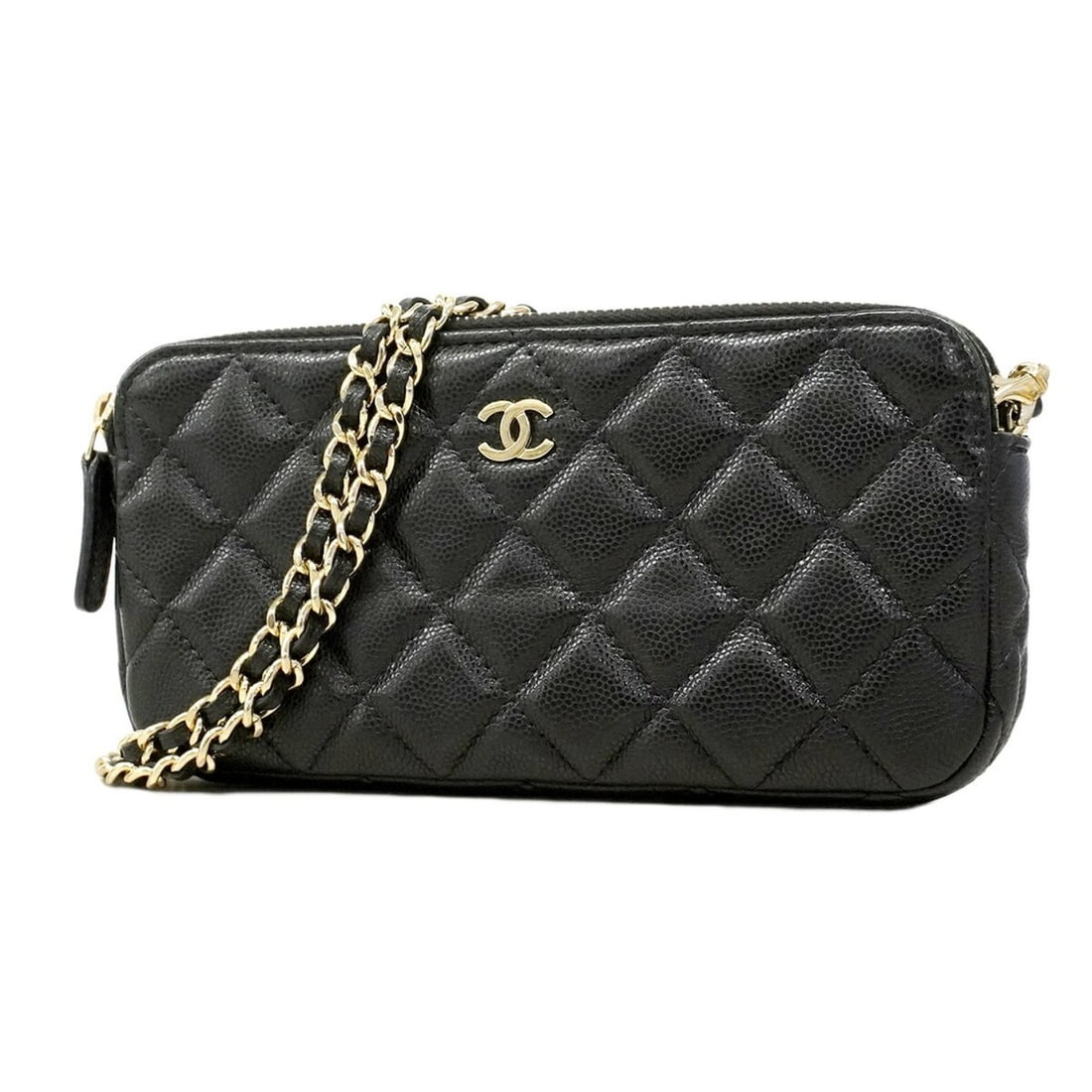Chanel Matelassé Chain Shoulder Bag, Caviar Leather, Black/Champagne, Women's: --- Catalog ---Category: SizeSize (HxWxD): 9cm x 18cm x 3cm / 3.54'' x 7.08'' x 1.18''Category: DesignType: Shoulder bagColor: BlackGender: WomenMaterial: Grained Calfskin Category: GeneralBrand: Chan