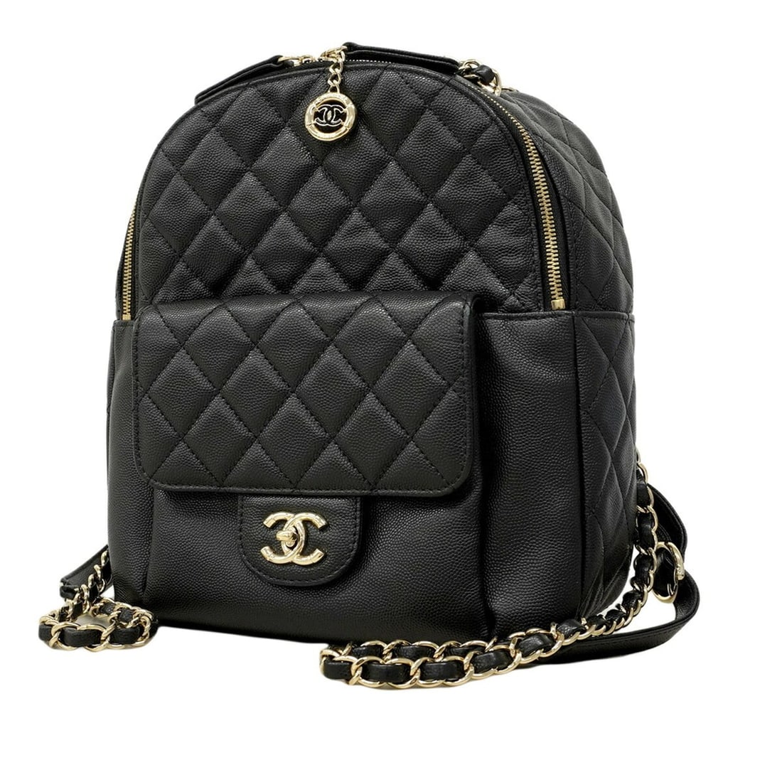 Chanel Matelassé Backpack/Daypack, Caviar Leather, Black/Champagne, Women's: --- Catalog ---Category: SizeSize (HxWxD): 26cm x 20cm x 8.5cm / 10.23'' x 7.87'' x 3.34''Category: DesignType: BackpackColor: BlackGender: WomenMaterial: Grained Calfskin Hardware Color: Champagne go