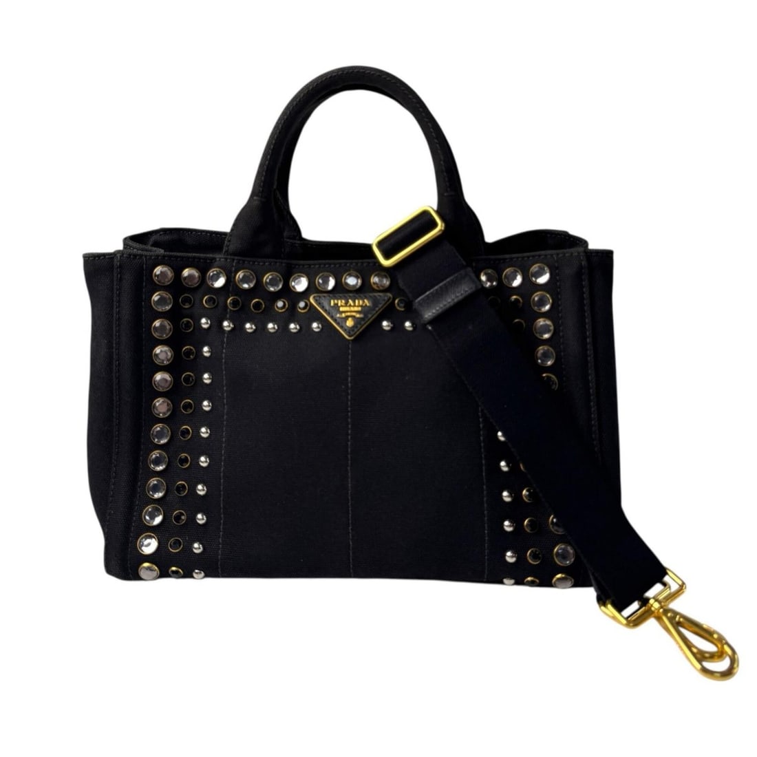 Prada Canapa Bijou Stud 2-Way Tote Bag Shoulder Crossbody for Women: --- Catalog ---Category: SizeSize (HxWxD): 18cm x 27.5cm x 16cm / 7.08'' x 10.82'' x 6.29''Category: DesignType: Handbag, Shoulder bag, Tote bagColor: BlackGender: WomenMaterial: Canvas Category: Gene