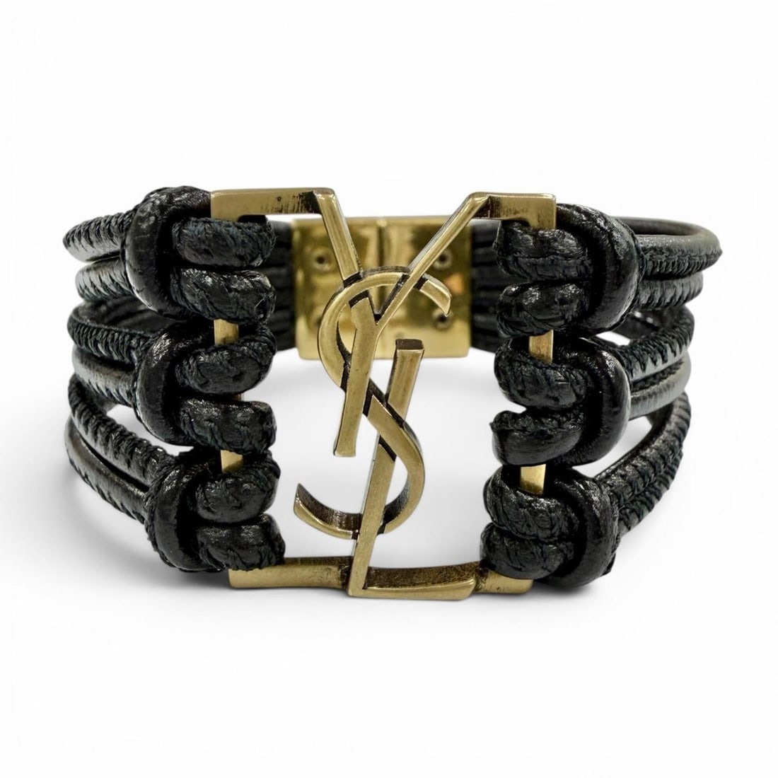 SAINT LAURENT Babylon Cord YSL Logo Leather Bracelet, Black with Gold Hardware, Size S, Women's, Box: --- Catalog ---Category: SizeLength: 15.2cm / 5.98''Category: DesignType: Charm braceletColor: Black, GoldGender: WomenMaterial: LeatherCategory: GeneralBrand: Saint Laurent--- Item List ---Section: C