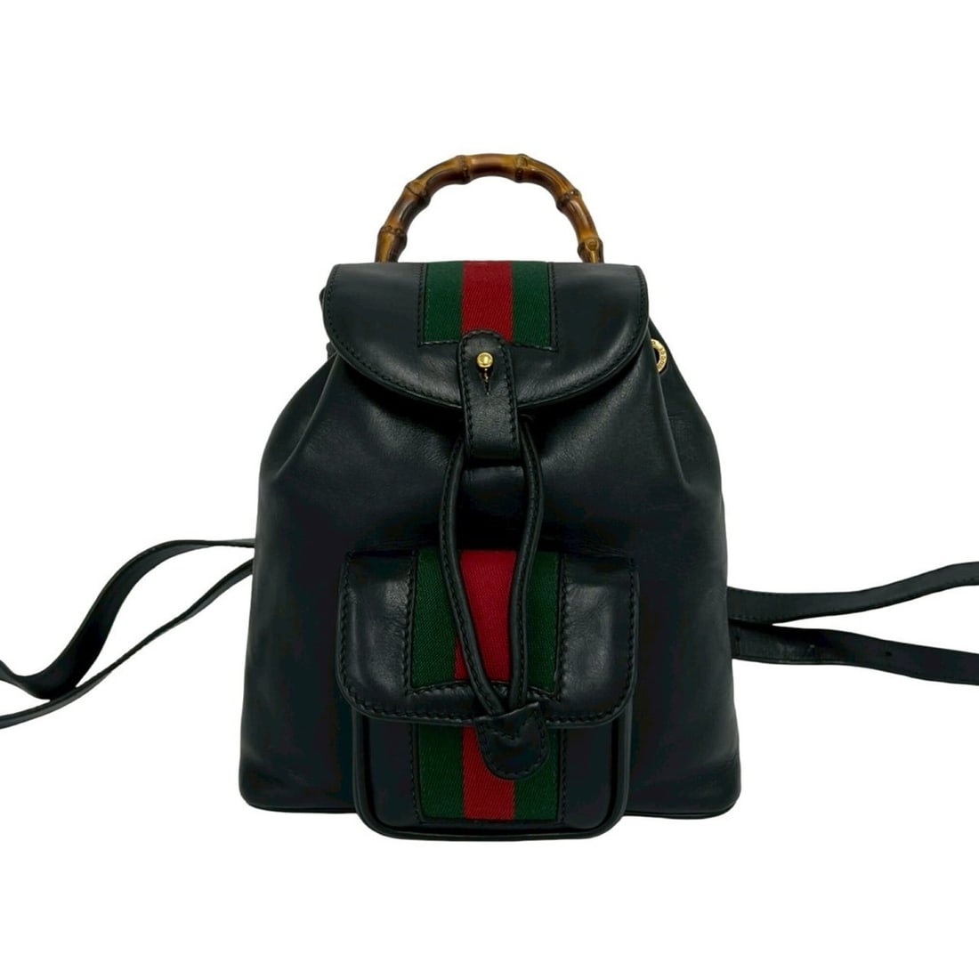 GUCCI Vintage Bamboo Sherry Line Leather Mini Backpack (Black) 60135: --- Catalog ---Category: SizeSize (HxWxD): 24cm x 21cm x 6.5cm / 9.44'' x 8.26'' x 2.55''Category: DesignType: BackpackColor: Black, Green, Red colorGender: WomenMaterial: Leather , Bamboo Category: G