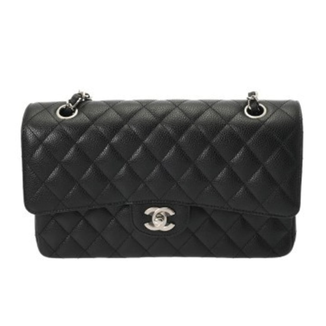 CHANEL Matelassé Double Flap Chain Shoulder Bag 25 Black A01112 Women's Caviar Skin A Rank Used: --- Catalog ---Category: SizeSize (HxWxD): 16cm x 25cm x 7cm / 6.29'' x 9.84'' x 2.75''Category: DesignType: Shoulder bagColor: BlackGender: WomenMaterial: Grained Calfskin Hardware Color: SilverCateg