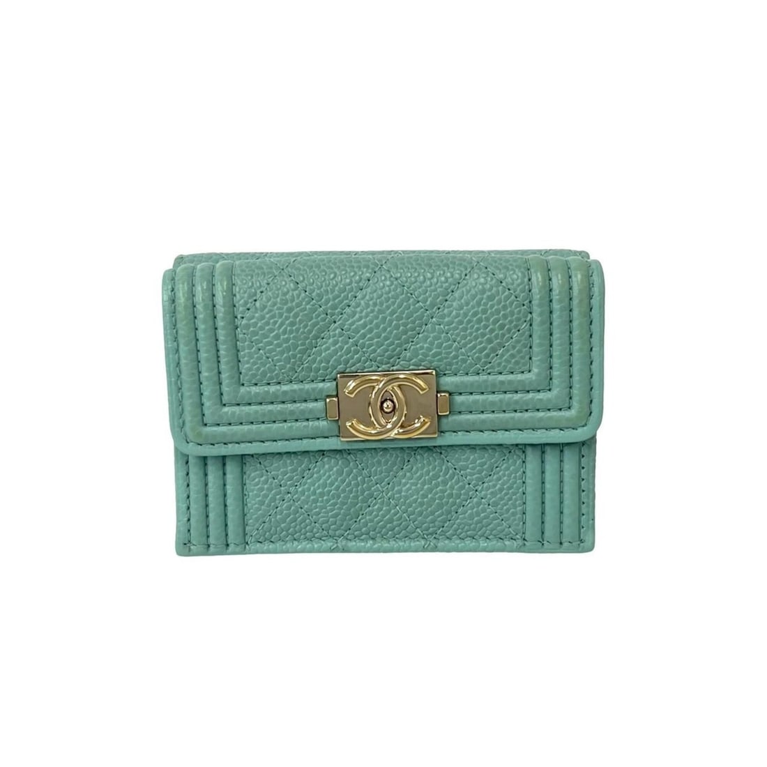CHANEL Boy Chanel Caviar Skin Leather Tri-fold Wallet, Blue, 20023: --- Catalog ---Category: SizeSize (HxWxD): 7cm x 10.5cm x 3cm / 2.75'' x 4.13'' x 1.18''Category: DesignType: Wallet (tri-fold)Color: BlueGender: WomenMaterial: Grained Calfskin Category: GeneralBrand