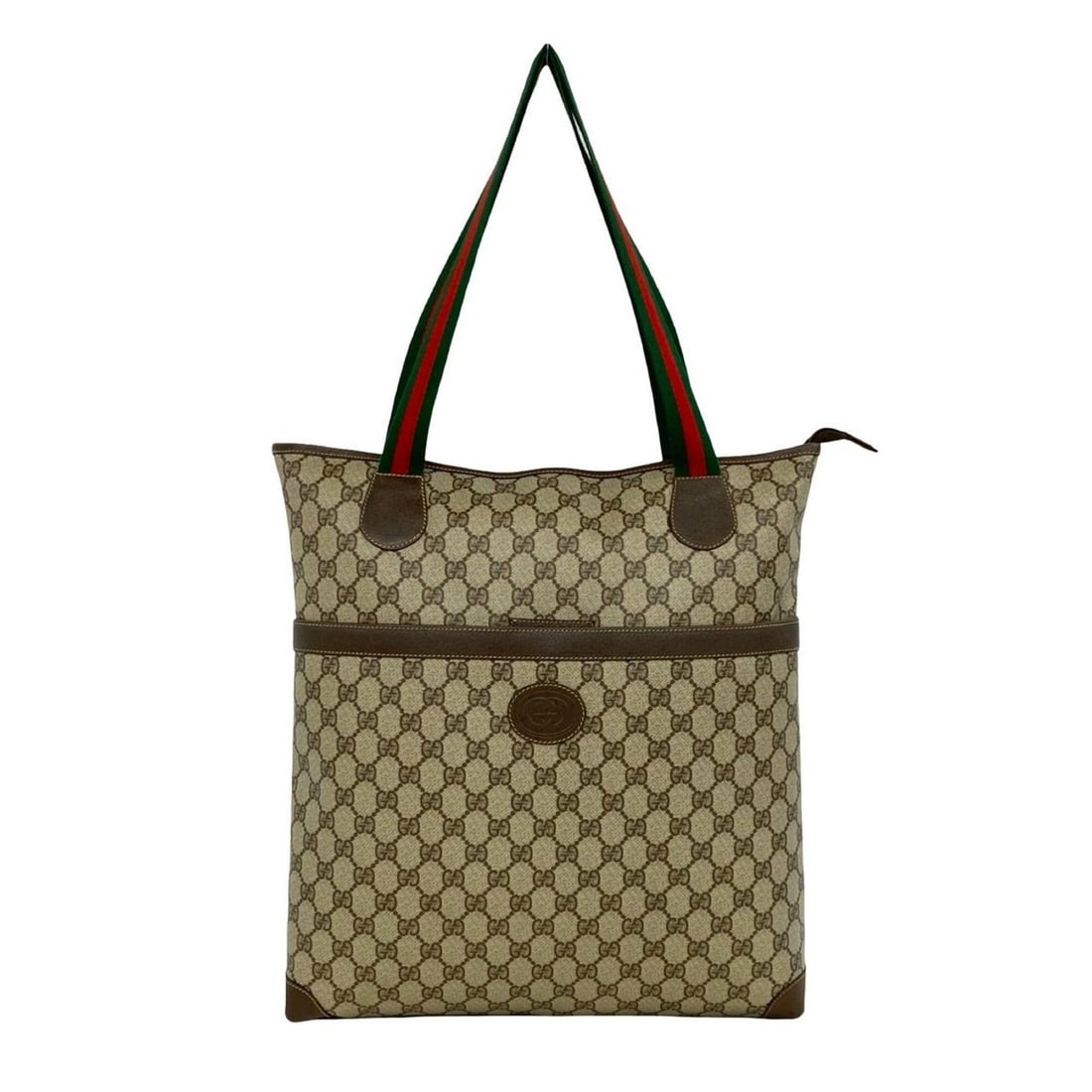 GUCCI Vintage Sherry Line GG Logo Leather Tote Bag/Handbag, Brown, 28366: --- Catalog ---Category: SizeSize (HxWxD): 40cm x 35cm x 7cm / 15.74'' x 13.77'' x 2.75''Category: DesignType: Handbag, Tote bagColor: Brown, Green, Red colorGender: WomenMaterial: Leather , PVC Categ