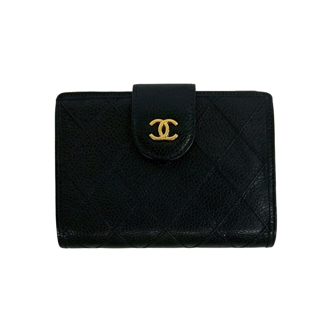CHANEL Bicolore Coco Mark Caviar Skin Leather Clasp Bi-fold Wallet Black 30743: --- Catalog ---Category: SizeSize (HxWxD): 9cm x 12cm x 1.5cm / 3.54'' x 4.72'' x 0.59''Category: DesignType: Wallet (bi-fold)Color: BlackGender: WomenMaterial: Grained Calfskin Category: GeneralBrand