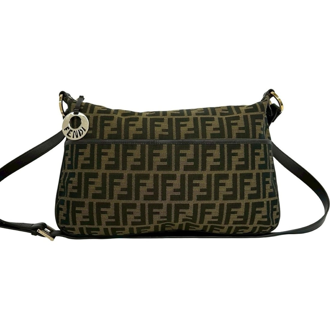 FENDI Zucca FF pattern canvas and leather shoulder bag/pouch/sacoche in khaki, brown, black (59775): --- Catalog ---Category: SizeSize (HxWxD): 26cm x 40cm x 3.5cm / 10.23'' x 15.74'' x 1.37''Category: DesignType: Pochette, Shoulder bagColor: Black, Brown, KhakiGender: WomenMaterial: Canvas , Leather