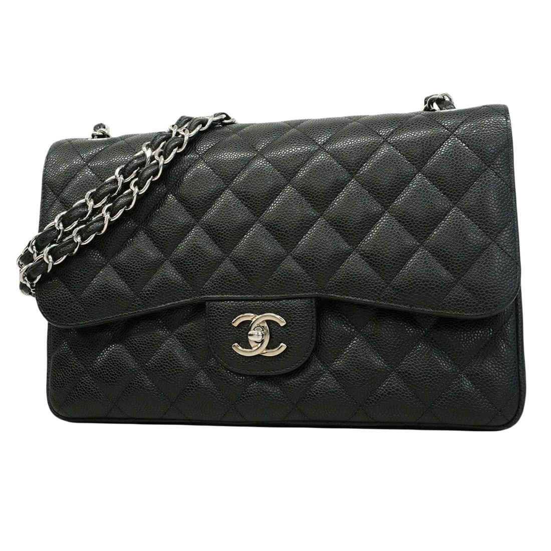 Chanel Shoulder Bag, Large Matelassé, Double Flap, Chain, Caviar Leather, Black, Women's: --- Catalog ---Category: SizeSize (HxWxD): 21.5cm x 30cm x 8.5cm / 8.46'' x 11.81'' x 3.34''Category: DesignType: Shoulder bagColor: BlackGender: WomenMaterial: Grained Calfskin Hardware Color: Silver