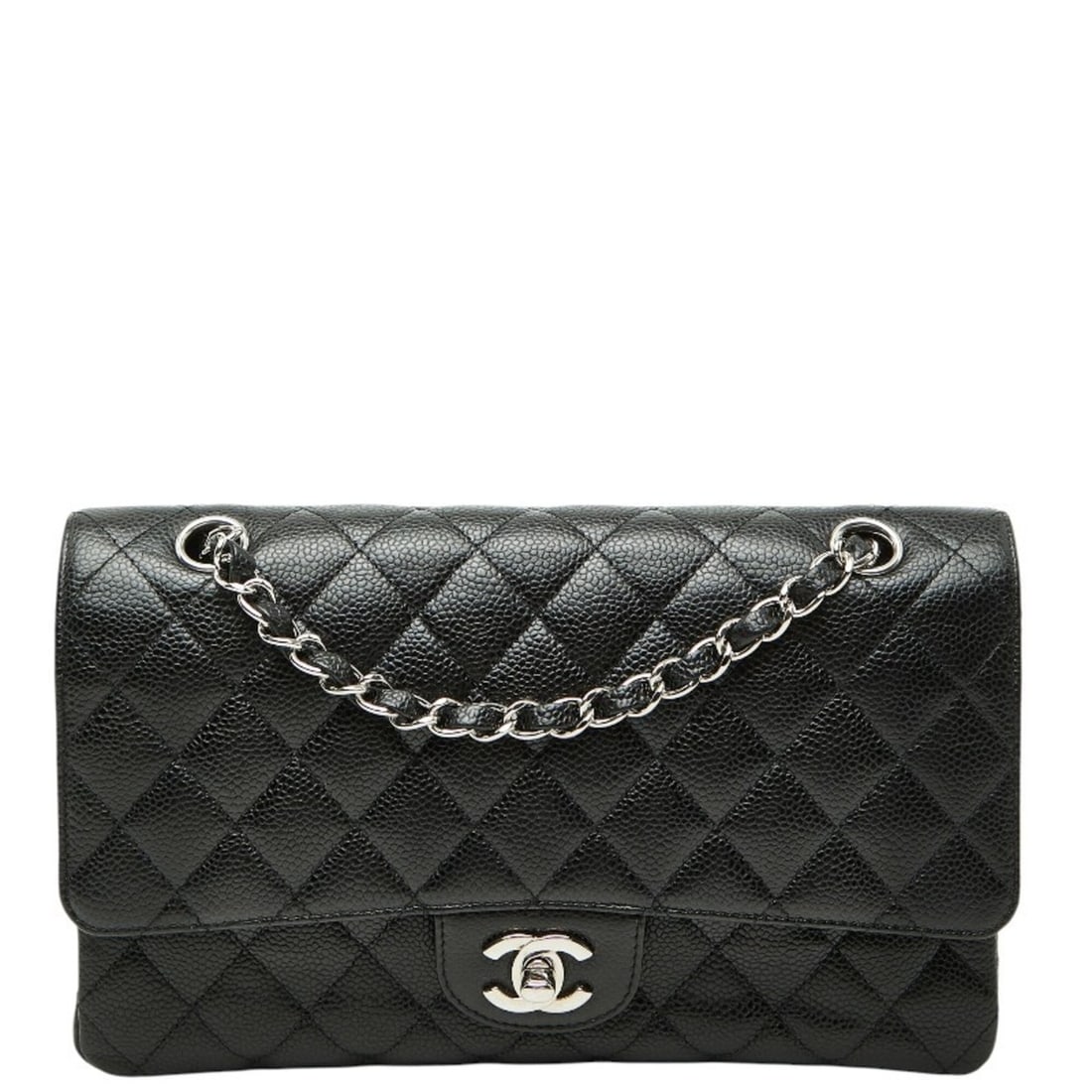 Chanel Matelassé 25 Coco Mark Double Flap Chain Shoulder Bag, Black with Silver Hardware, Caviar: --- Catalog ---Category: SizeSize (HxWxD): 15.5cm x 25cm x 6.5cm / 6.1'' x 9.84'' x 2.55''Category: DesignType: Shoulder bagColor: BlackGender: WomenMaterial: Grained Calfskin Hardware Color: SilverCa