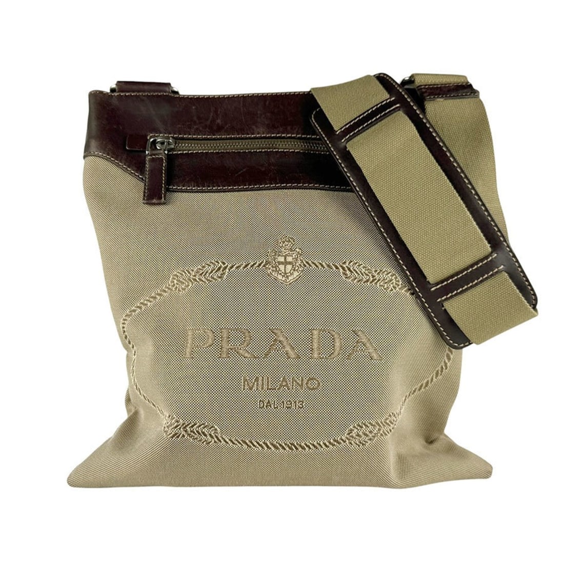 Prada PRADA Crossbody Shoulder Bag, Canvas and Leather, Brown Silver, Men's Women's, z9814: --- Catalog ---Category: SizeSize (HxWxD): 31cm x 29cm x 2cm / 12.2'' x 11.41'' x 0.78''Category: DesignType: Shoulder bagColor: BrownGender: Men,WomenMaterial: Canvas , Leather Category: GeneralBrand