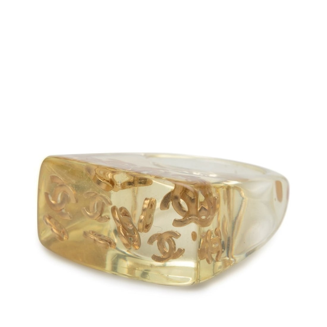 Chanel Coco Mark Ring, 01P Clear Gold Plastic, Women's CHANEL: --- Catalog ---Category: SizeWidth: 6.5mm / 0.26''JP Size: 13.5US Size: 6.5Inner Diameter: 17.50mm / 0.69''Category: DesignType: Band ringColor: Clear, GoldGender: WomenMaterial: PlasticCategory: Gene