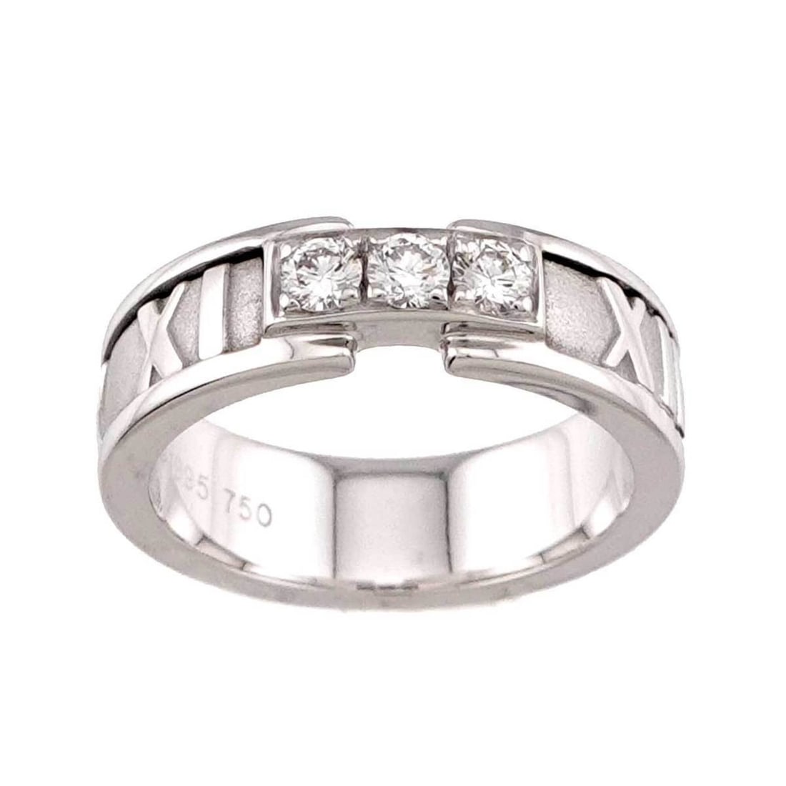 Tiffany & Co. Atlas Diamond Ring, 18K White Gold (750): --- Catalog ---Category: SizeJP Size: 9US Size: 5Category: DesignType: Band ringGender: WomenMaterial: White gold (18K)Category: GeneralBrand: Tiffany--- Item List ---Section: ConditionRanking: Rank