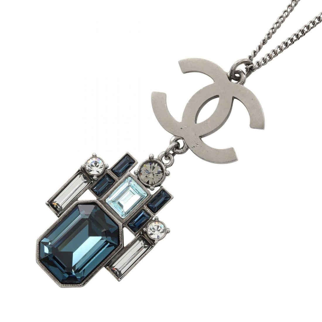 Chanel Coco Mark Necklace, Stainless Steel, Crystal, Women's, Silver, Blue, Clear: --- Catalog ---Category: SizePendant Size: 62mm x 26mm / 2.44'' x 1.02''Neck Circumference: 43 cm - 48 cm / 16.92'' - 18.89''Category: DesignColor: Blue, Clear, SilverGender: WomenMaterial: Stainless