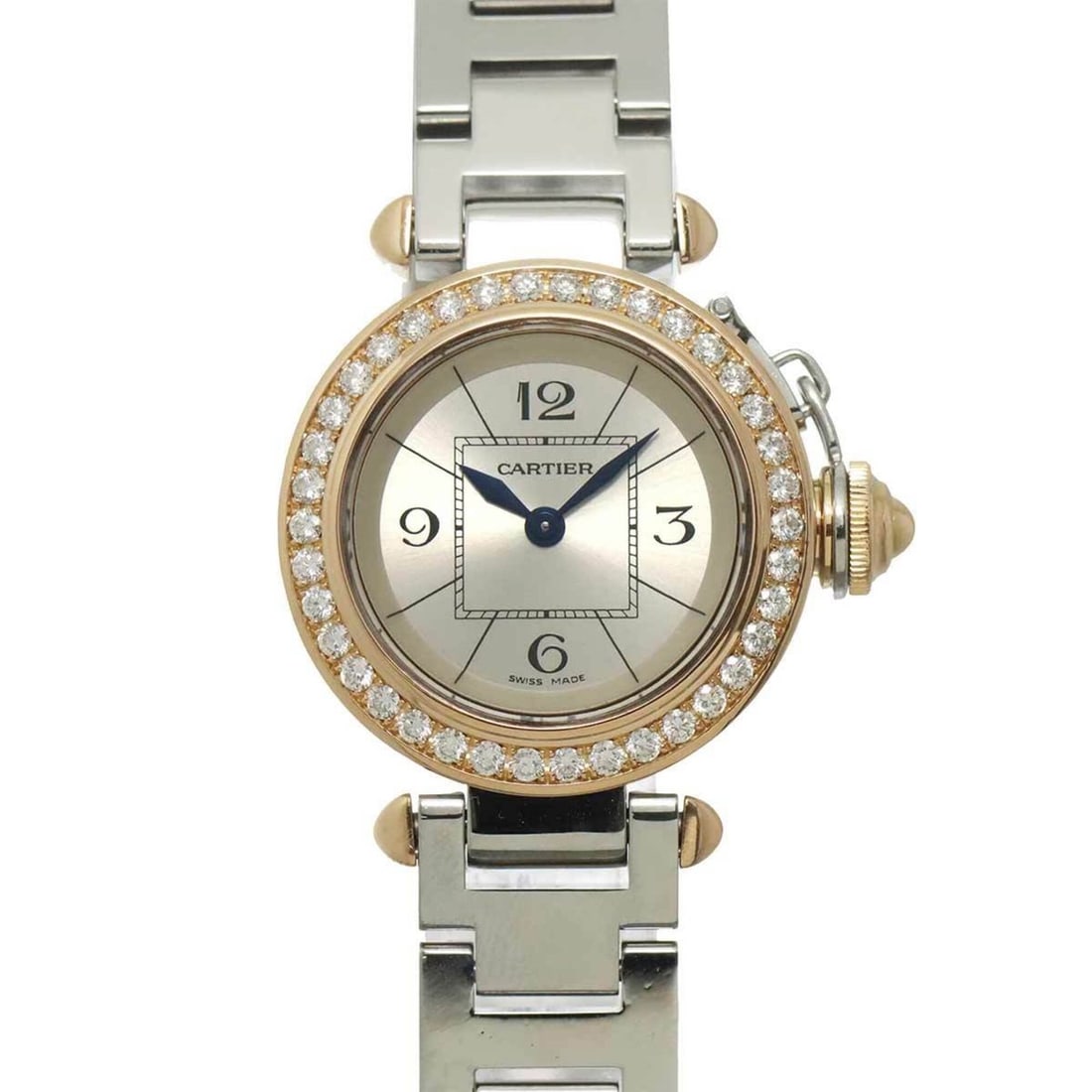 Cartier Miss Pasha WJ124021 Women's Watch, Diamond Bezel, Silver and 18K Pink Gold, Quartz Movement.: --- Catalog ---Category: SizeWrist Size: 15.5cm / 6.1''Case Diameter: 27mm / 1.06''Category: DesignType: WristwatchGender: WomenColor (Dial): SilverMaterial (Band): Pink gold (18K), Stainless steelMat