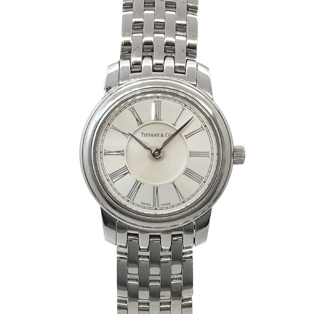 Tiffany & Co. Mark Round Ladies' Watch, Silver, Quartz.: --- Catalog ---Category: SizeWrist Size: 18.5cm / 7.28''Case Diameter: 27mm / 1.06''Category: DesignType: WristwatchGender: WomenColor (Dial): SilverMaterial (Band): Stainless steelMaterial (Case): St