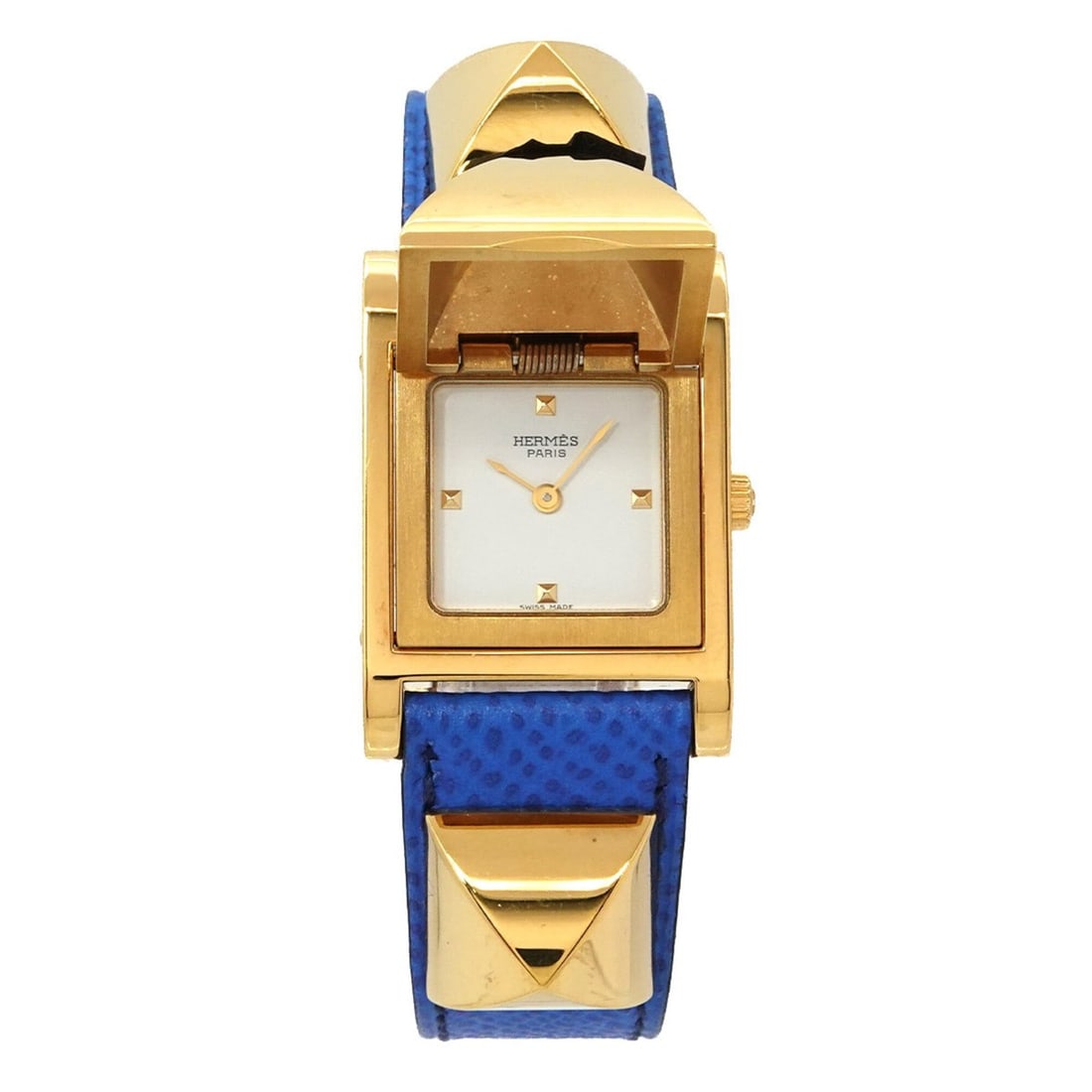 Hermes Medor Women's Watch, Pyramid Design, Gold Studs, White and Blue Leather Strap, Quartz: --- Catalog ---Category: SizeWrist Size: 13.5cm - 16cm / 5.31'' - 6.29''Case Diameter: 23mm / 0.91''Category: DesignType: WristwatchGender: WomenColor (Dial): WhiteMaterial (Band): Gold plated, Leathe