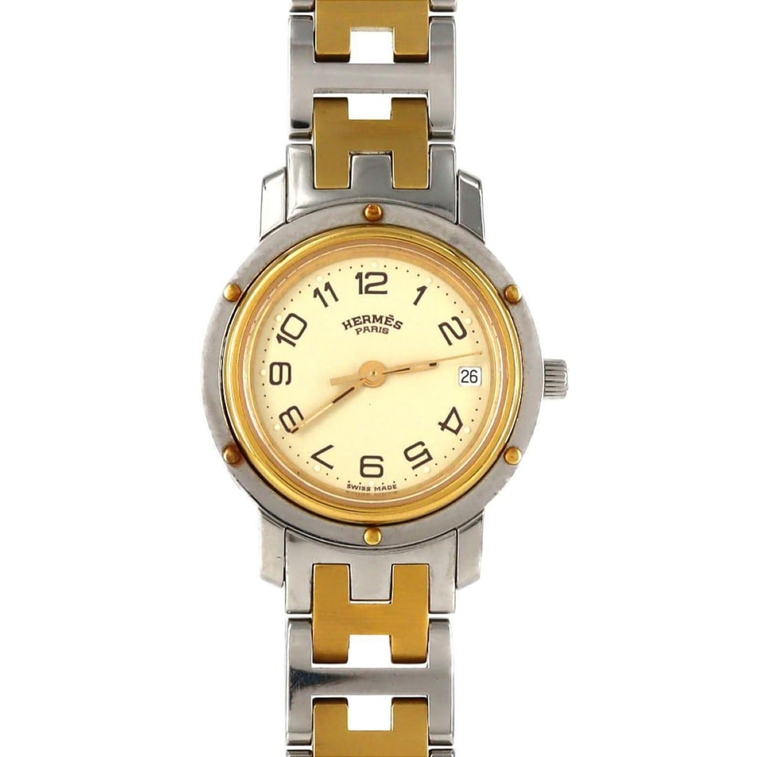 Hermes Clipper Combination SSxGP Quartz Watch: --- Catalog ---Category: SizeWrist Size: 15.5cm / 6.1''Case Diameter: 24mm / 0.94''Category: DesignType: WristwatchGender: WomenColor (Dial): IvoryMaterial (Band): Gold plated, Stainless steelMaterial
