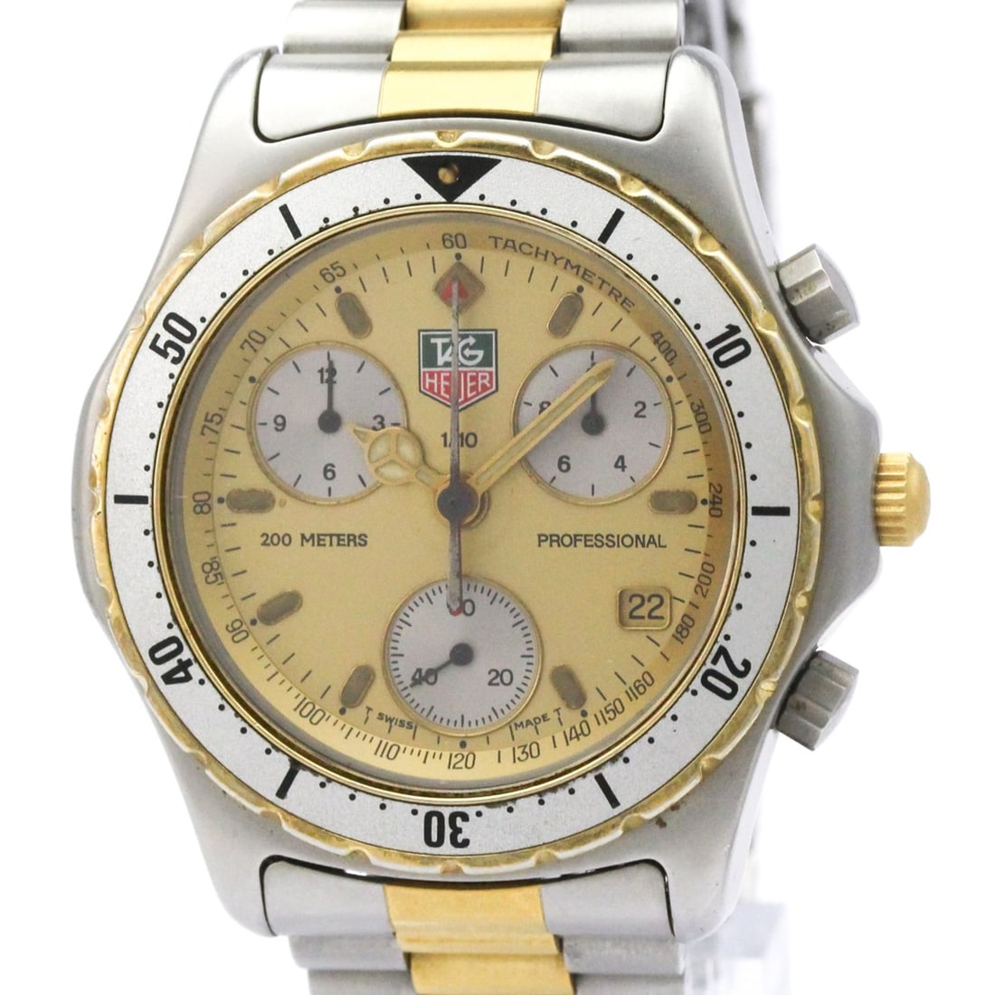 TAG HEUER 2000 Professional Chronograph Gold Plated Steel Watch CE1121: --- Catalog ---Category: SizeCase Diameter: 39mm / 1.54''Category: DesignType: WristwatchStyle: SportGender: MenColor (Dial): GoldMaterial (Band): Gold plated, Stainless steelMaterial (Case): Gold pla