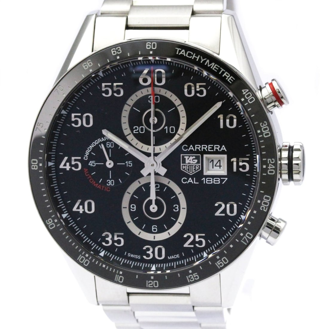 TAG HEUER Carrera Calibre 1887 Chronograph Steel Watch CAR2A10 Polished: --- Catalog ---Category: SizeCase Diameter: 43mm / 1.69''Category: DesignType: WristwatchStyle: SportGender: MenColor (Dial): BlackMaterial (Band): Stainless steelMaterial (Case): Stainless steelCateg