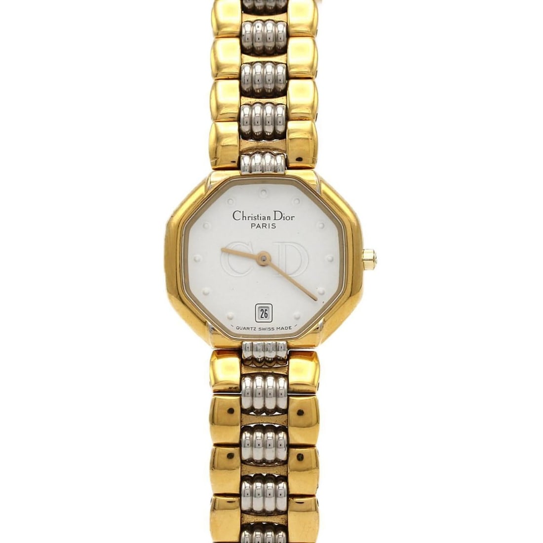Christian Dior 48.133 GP Quartz Watch: --- Catalog ---Category: SizeWrist Size: 15.5cm / 6.1''Case Diameter: 25mm / 0.98''Category: DesignType: WristwatchGender: WomenColor (Dial): WhiteMaterial (Band): Gold plated, Stainless steelMaterial