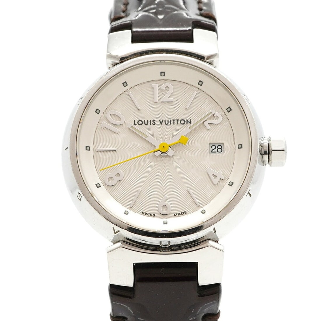 Louis Vuitton Tambour Q121K Silver Dial Watch for Women: --- Catalog ---Category: SizeWrist Size: 17cm / 6.69''Case Diameter: 27.9mm / 1.1''Category: DesignType: WristwatchGender: WomenColor (Dial): SilverMaterial (Band): LeatherCategory: GeneralMPN: Q121KB
