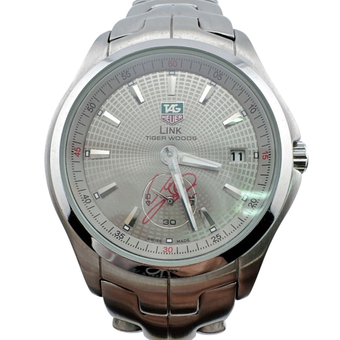 TAG Heuer WJF2113.BA0570 Link Tiger Woods Limited Edition Watch (5500 pieces limited) - Silver: --- Catalog ---Category: SizeWrist Size: 14cm / 5.51''Case Diameter: 32mm / 1.26''Category: DesignType: WristwatchGender: MenColor (Dial): Gray, SilverMaterial (Band): Stainless steelMaterial (Case): 