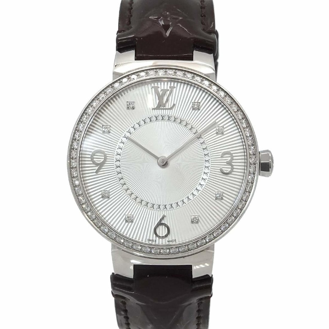 Louis Vuitton Tambour Diamond Bezel Q13ML Women's Watch 8P Silver Quartz: --- Catalog ---Category: SizeWrist Size: 12.5cm - 16.5cm / 4.92'' - 6.49''Case Diameter: 33mm / 1.3''Category: DesignType: WristwatchGender: WomenColor (Dial): SilverMaterial (Band): Leather, Stainles