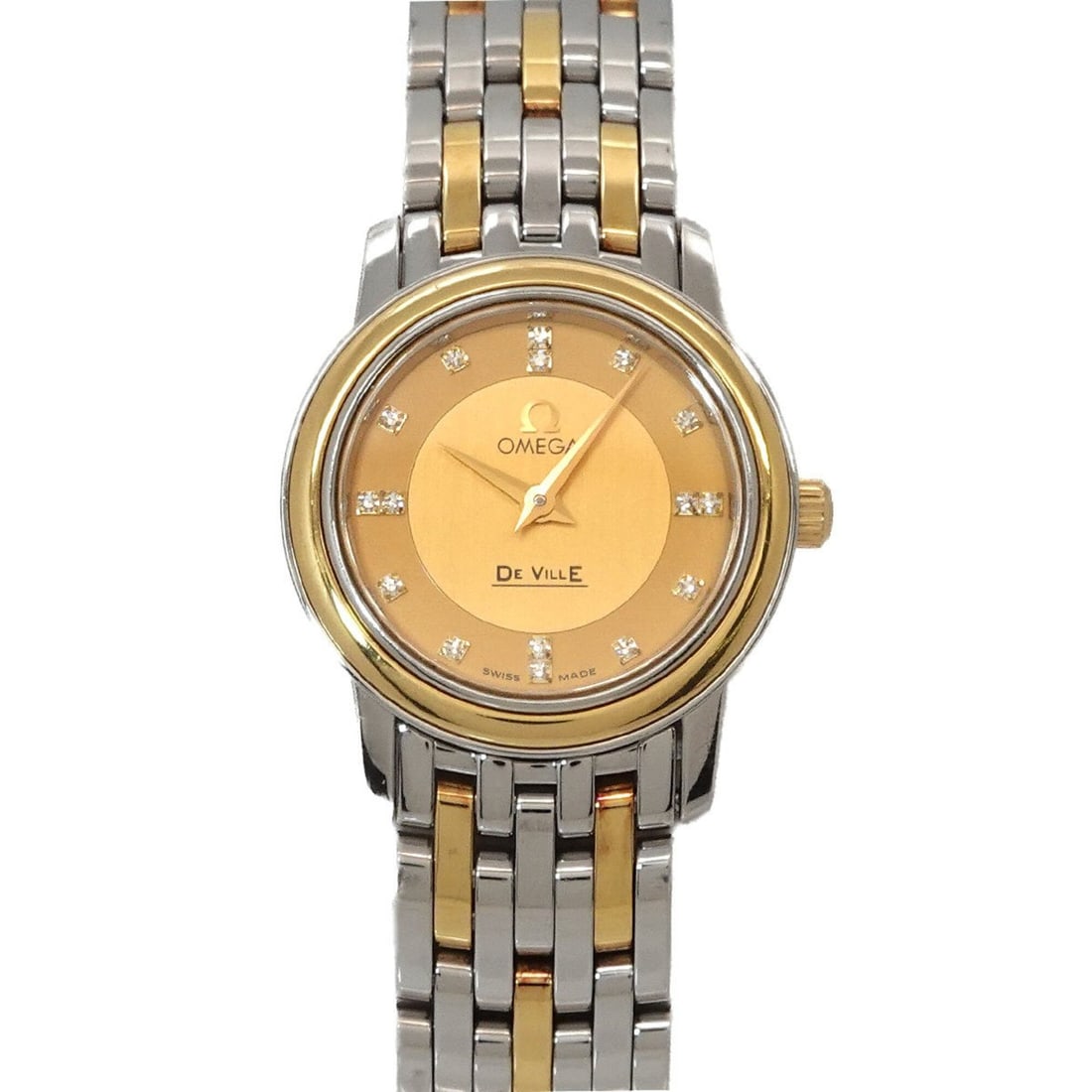 Omega De Ville Prestige Combination 4370 16 Ladies' Watch 16P Diamond Gold YG Quartz: --- Catalog ---Category: SizeWrist Size: 14cm / 5.51''Case Diameter: 22mm / 0.87''Category: DesignType: WristwatchGender: WomenColor (Dial): GoldMaterial (Band): Stainless steel, Yellow goldMaterial (